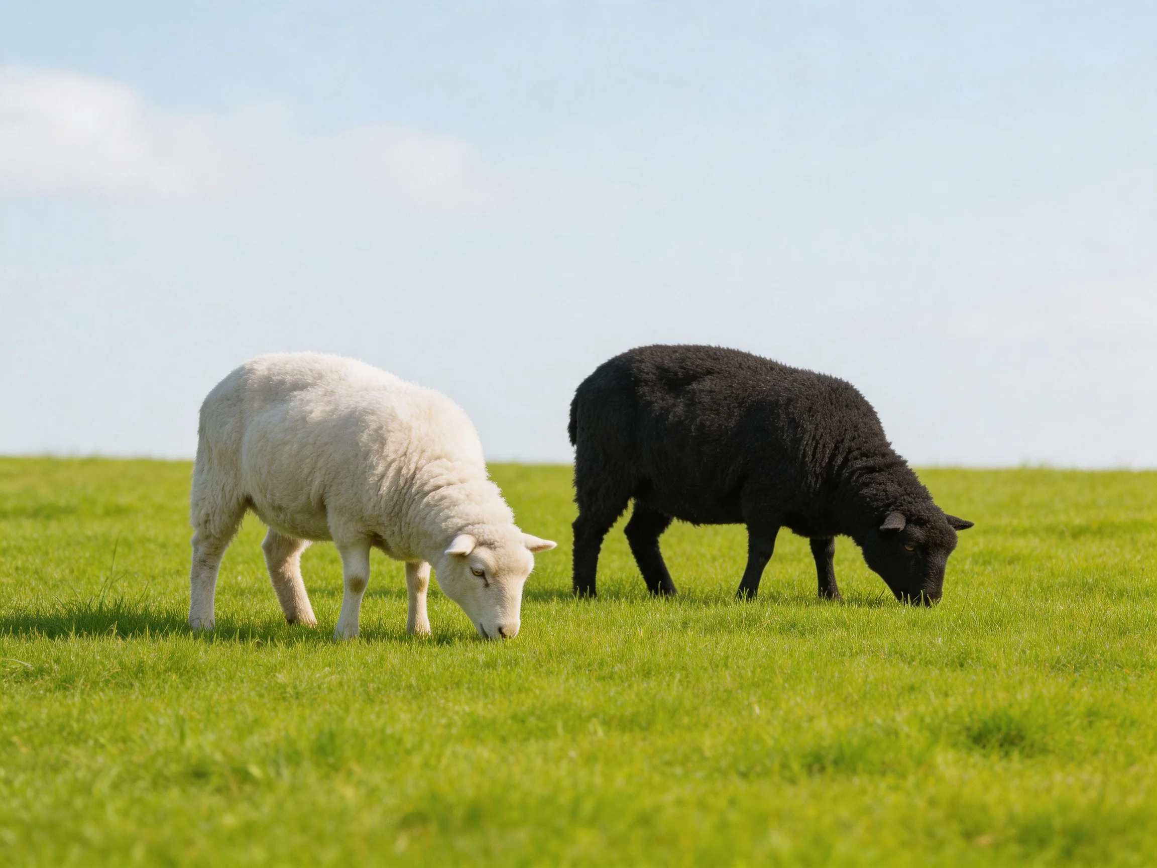 Two sheep graze in a lush green meadow—one white, one black
