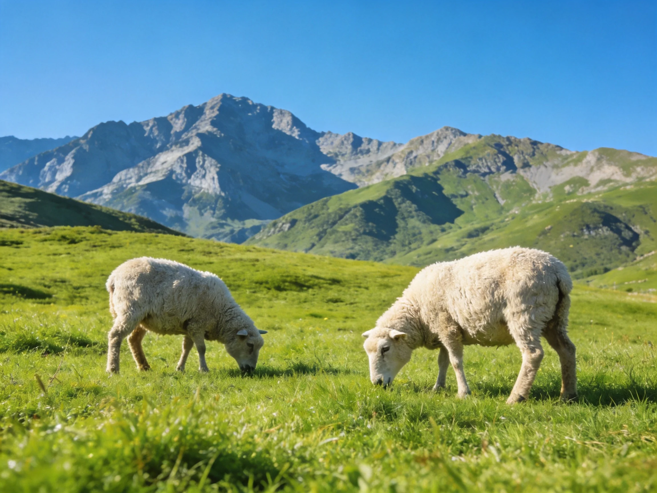 Two sheep graze in a lush green meadow with mountain backdrop