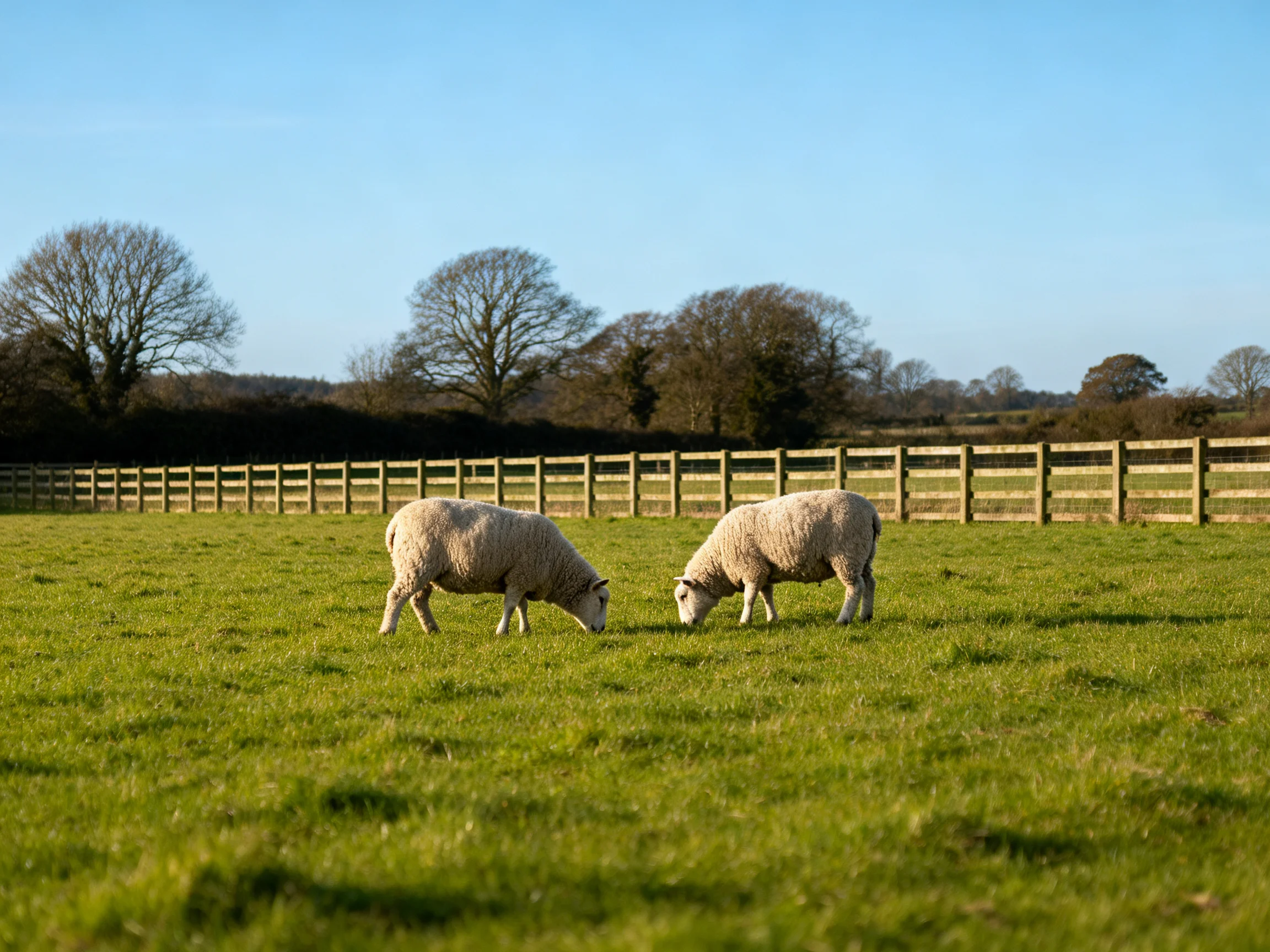 Two sheep graze in a lush green pasture near a wooden fence
