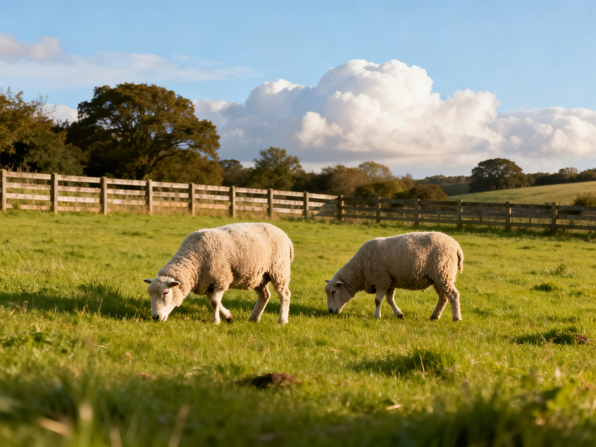 Two sheep graze in a lush green pasture near a wooden fence