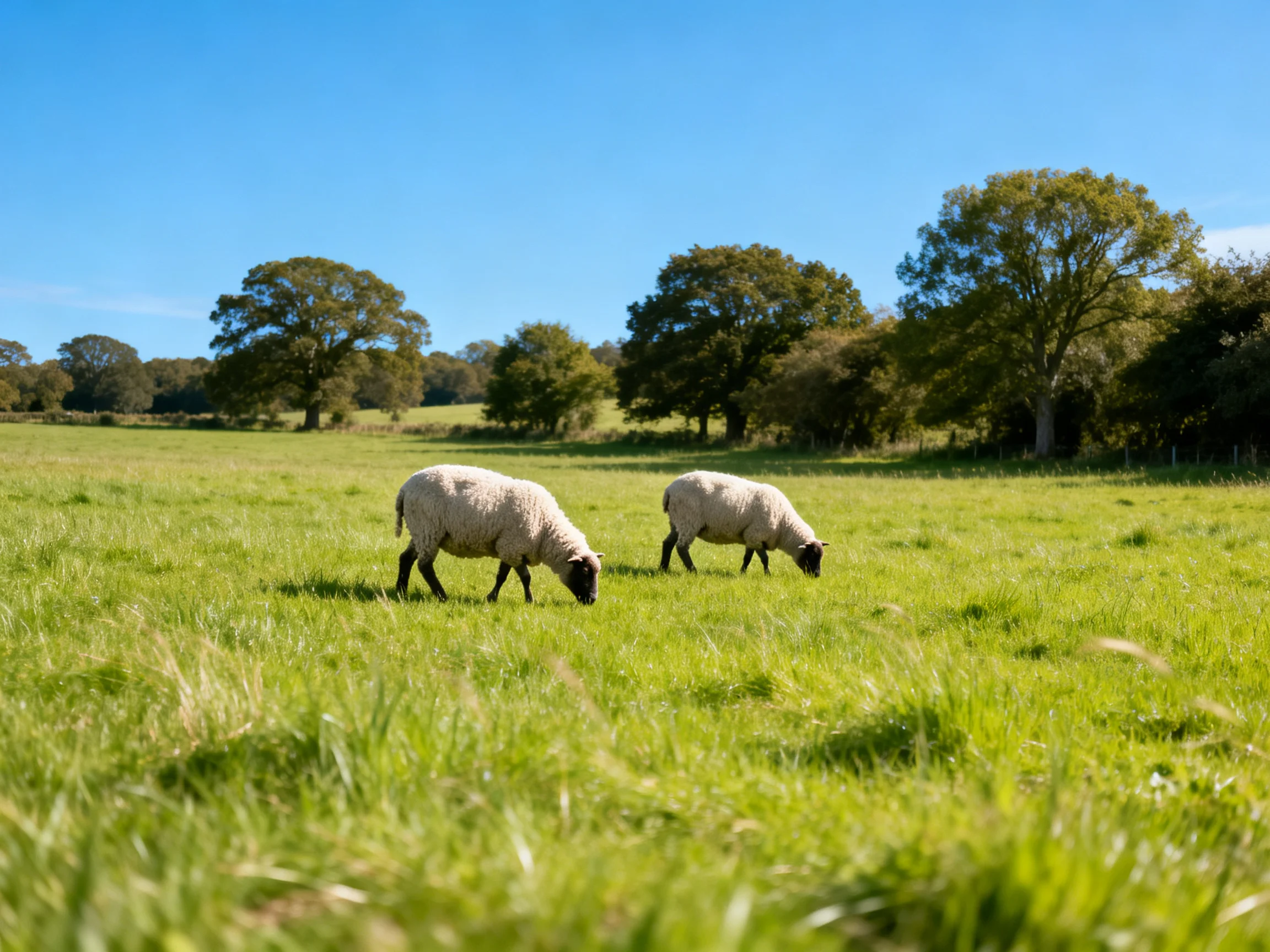 Two sheep graze in a lush green pasture near tall trees