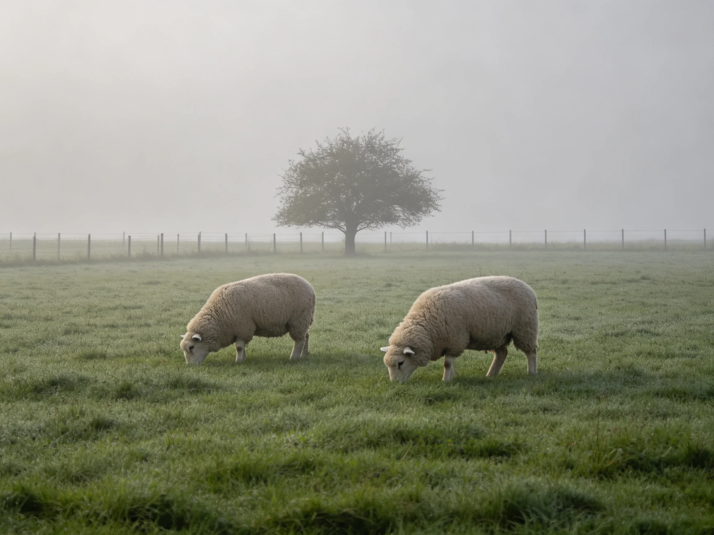 Two sheep graze in a misty green pasture near a lone tree