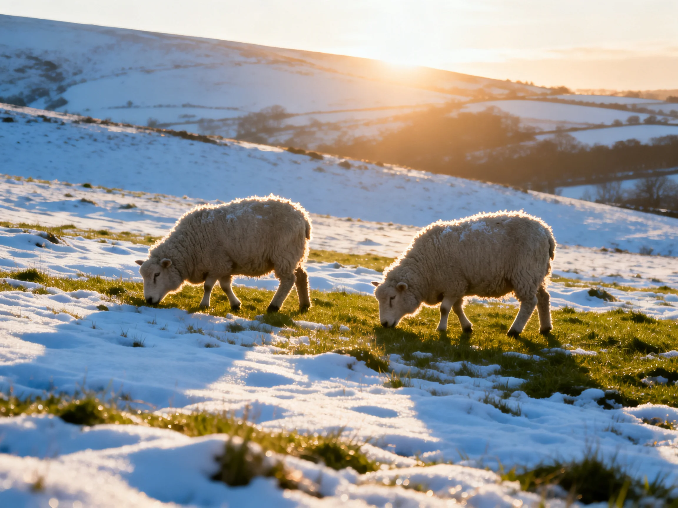 Two sheep graze in a snow-dusted green pasture at golden hour