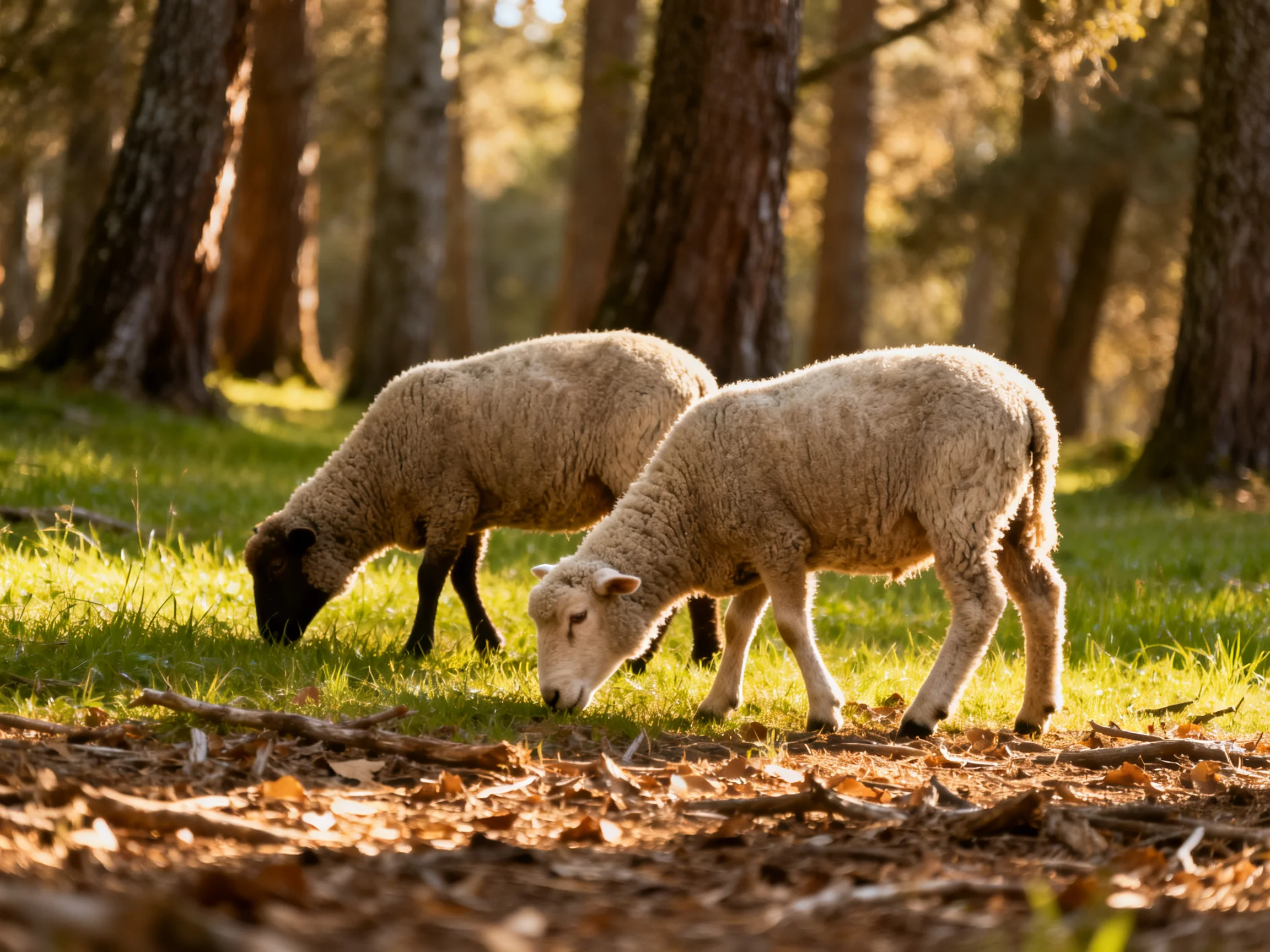 Two sheep graze in a sun-dappled forest glade