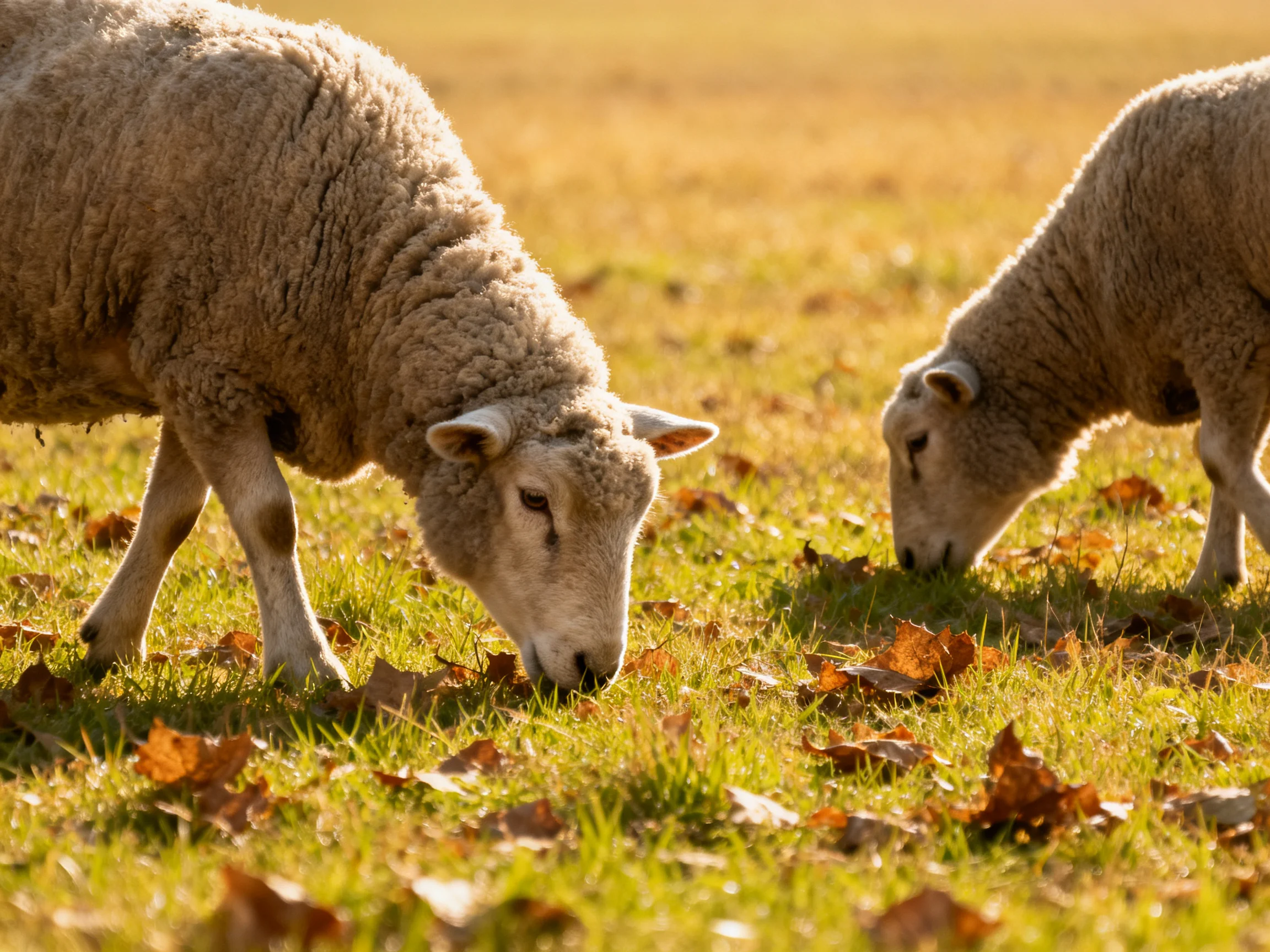 Two sheep graze in a sunlit autumn field with scattered leaves