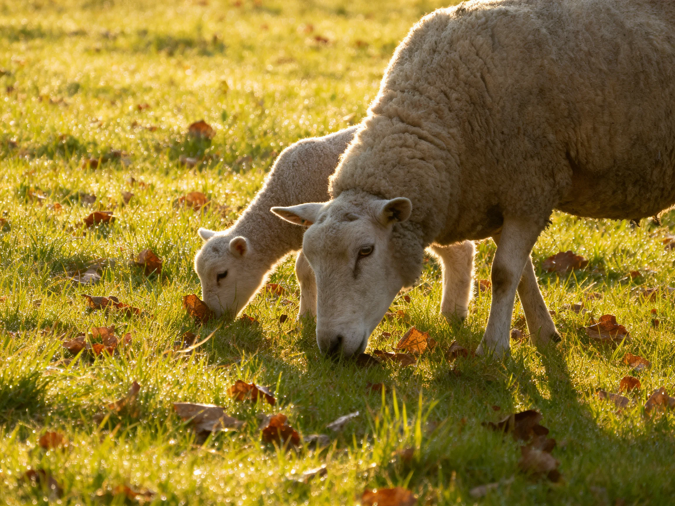 Two sheep graze in a sunlit field of green grass and brown leaves