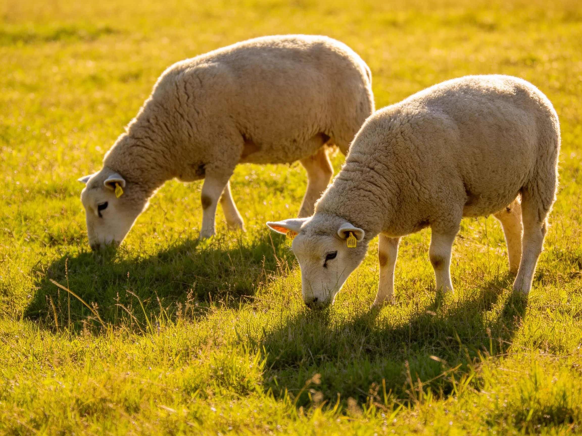 Two sheep graze in a sunlit golden-green pasture