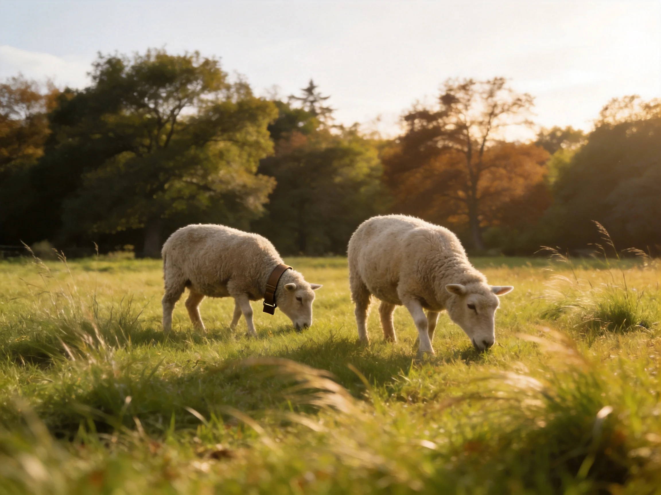 Two sheep graze in a sunlit grassy field with autumn trees