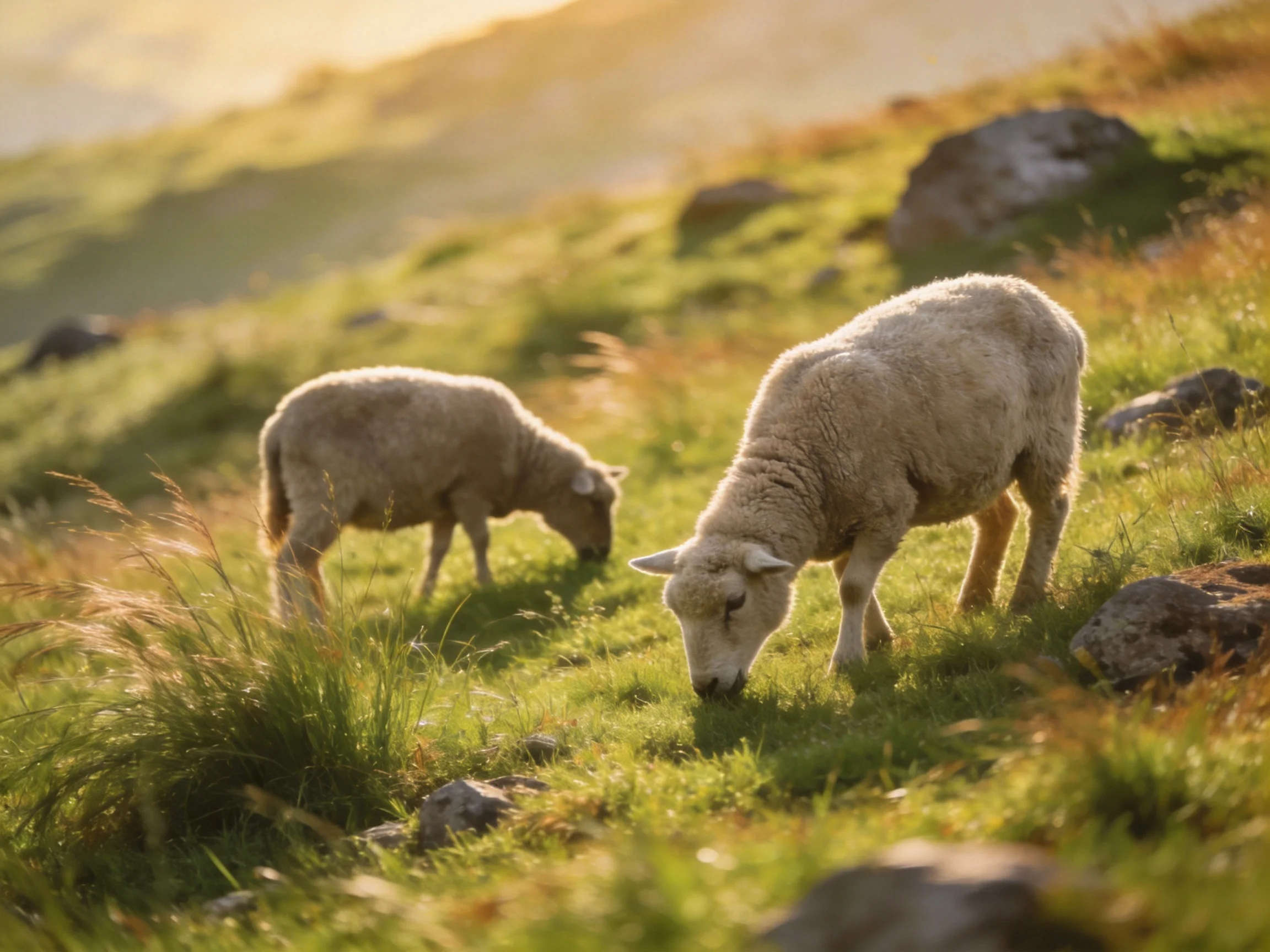 Two sheep graze in a sunlit grassy hillside with rocks