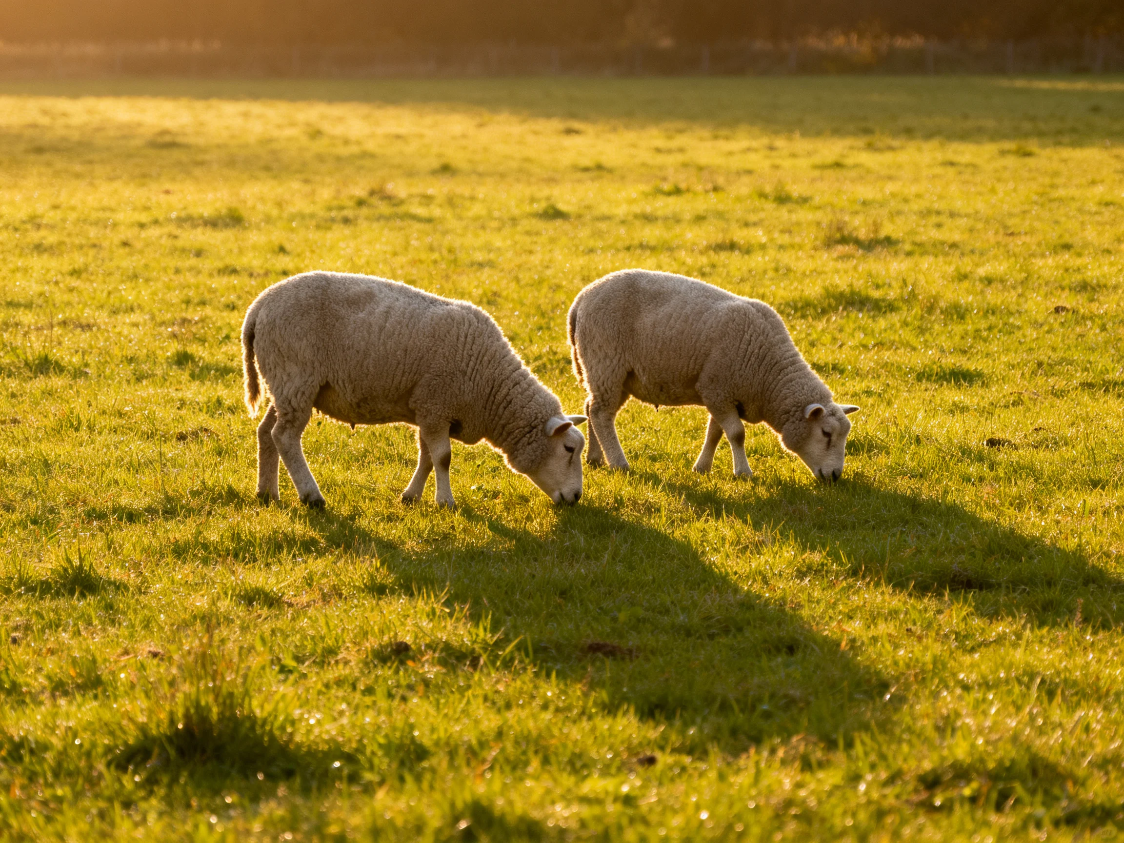 Two sheep graze in a sunlit pasture during golden hour.