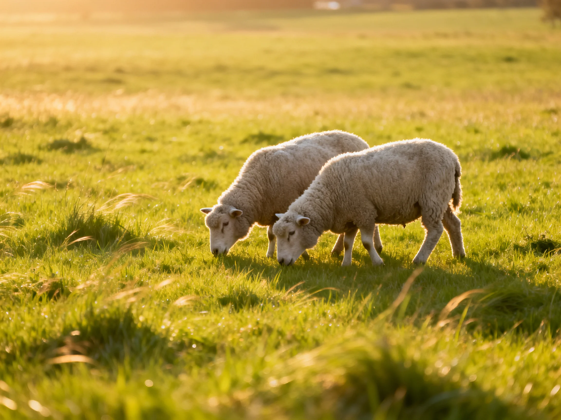 Two sheep graze in a sunlit green pasture
