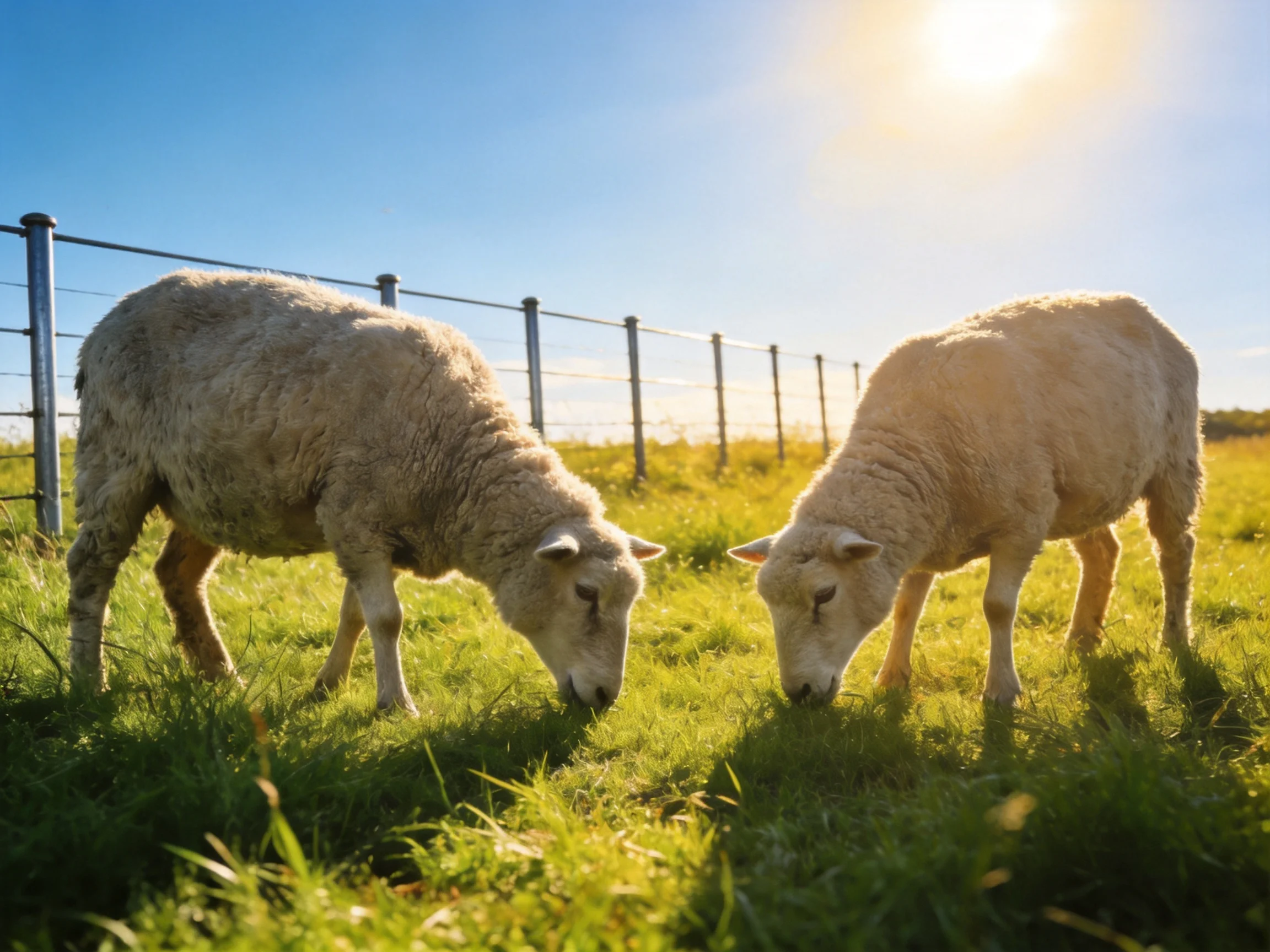 Two sheep graze in a sunlit green pasture near a wire fence