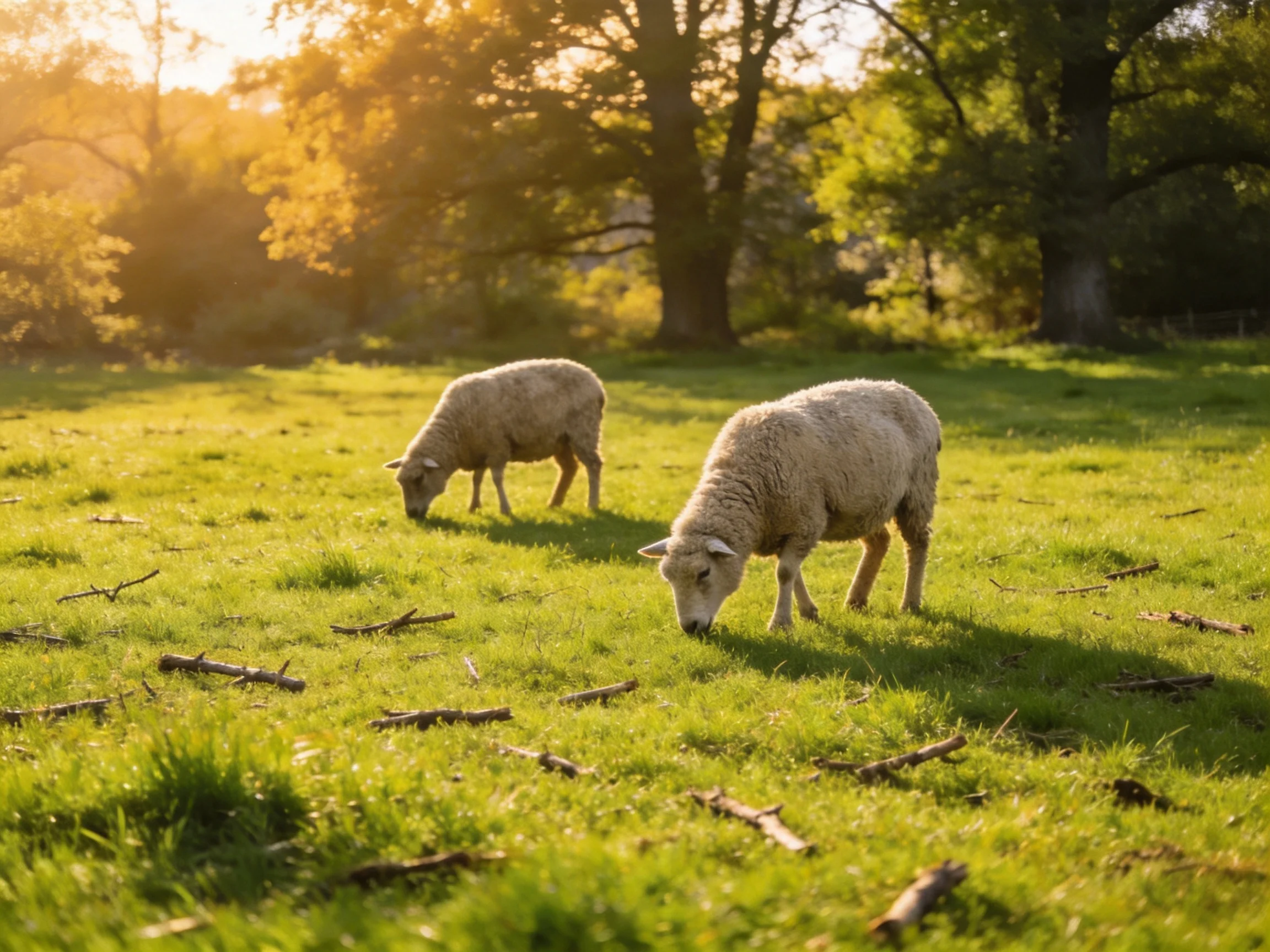 Two sheep graze in a sunlit green pasture with scattered branches and trees.