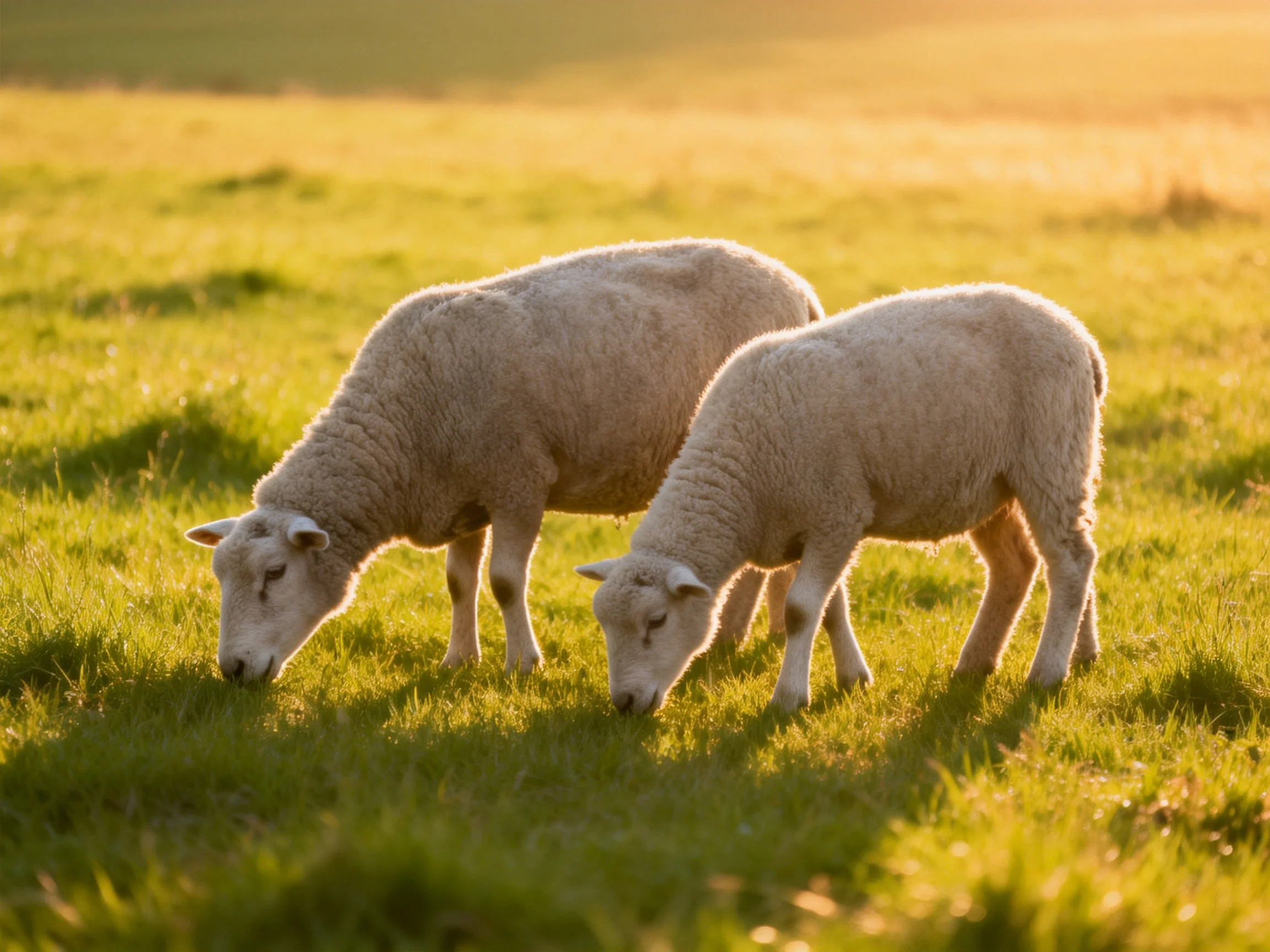 Two sheep graze in a sunlit green pasture with golden hues
