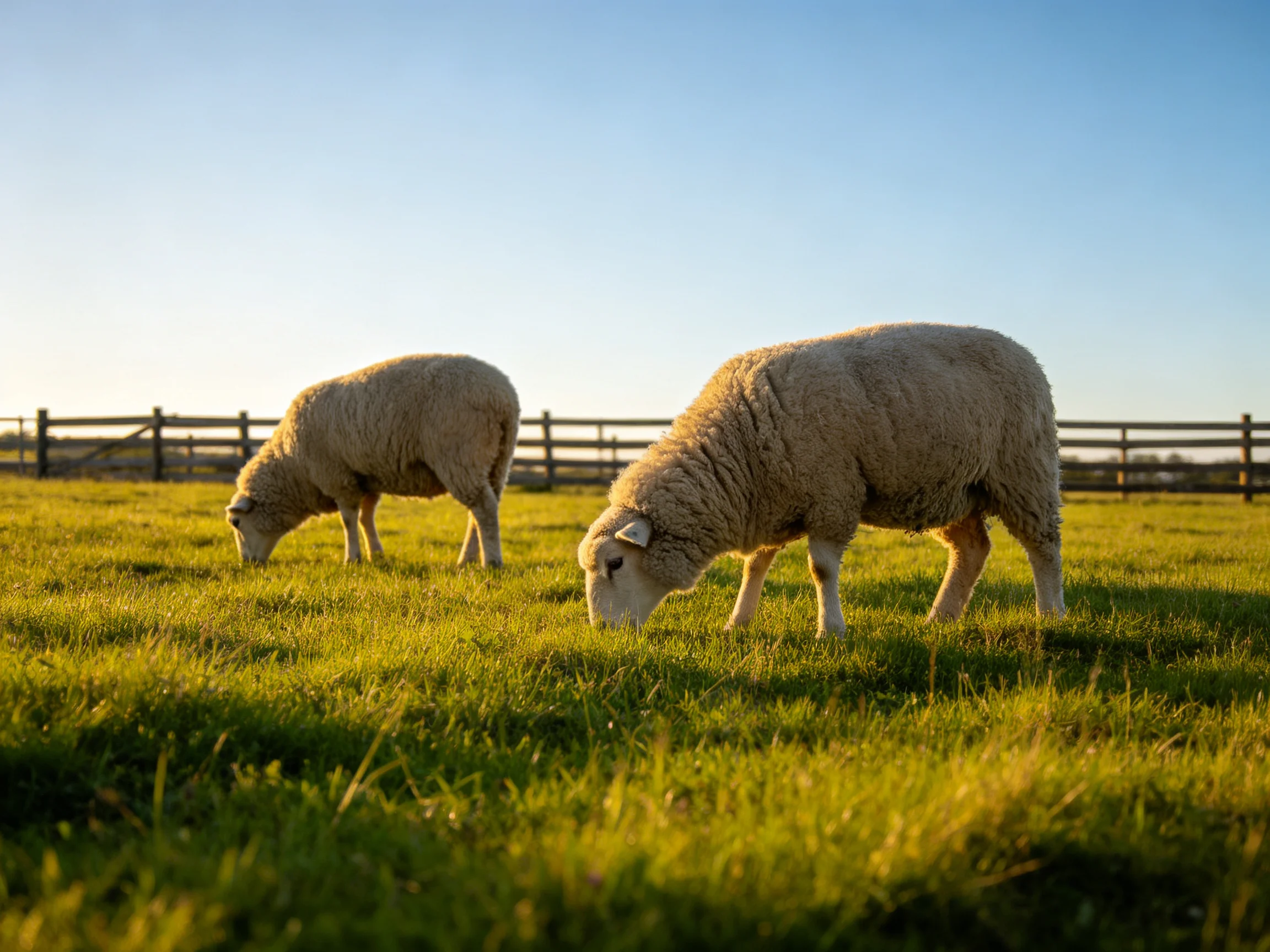 Two sheep graze in a sunlit green pasture.