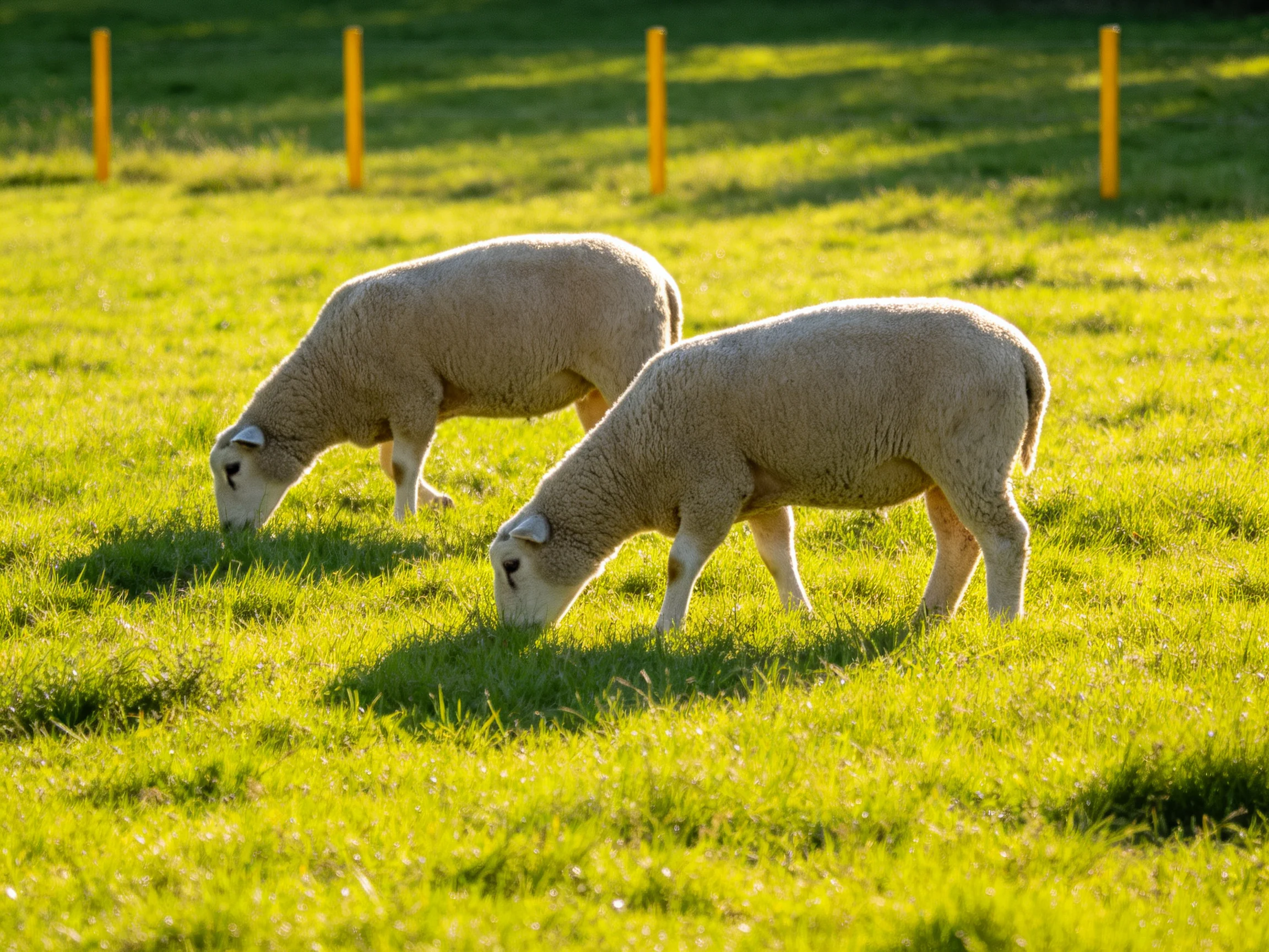Two sheep graze in a sunlit green pasture near yellow posts
