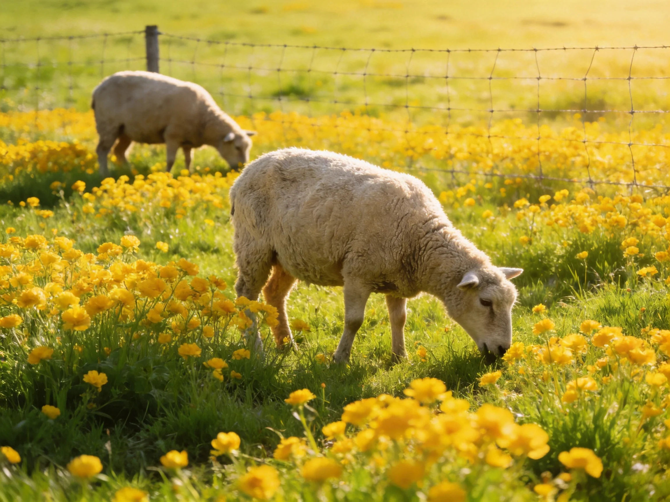 Two sheep graze in a sunlit meadow filled with yellow wildflowers