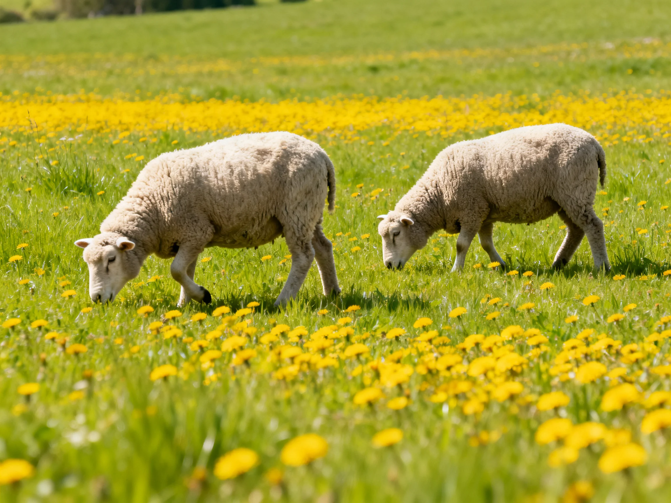Two sheep graze in a vibrant meadow of yellow-flowered fields
