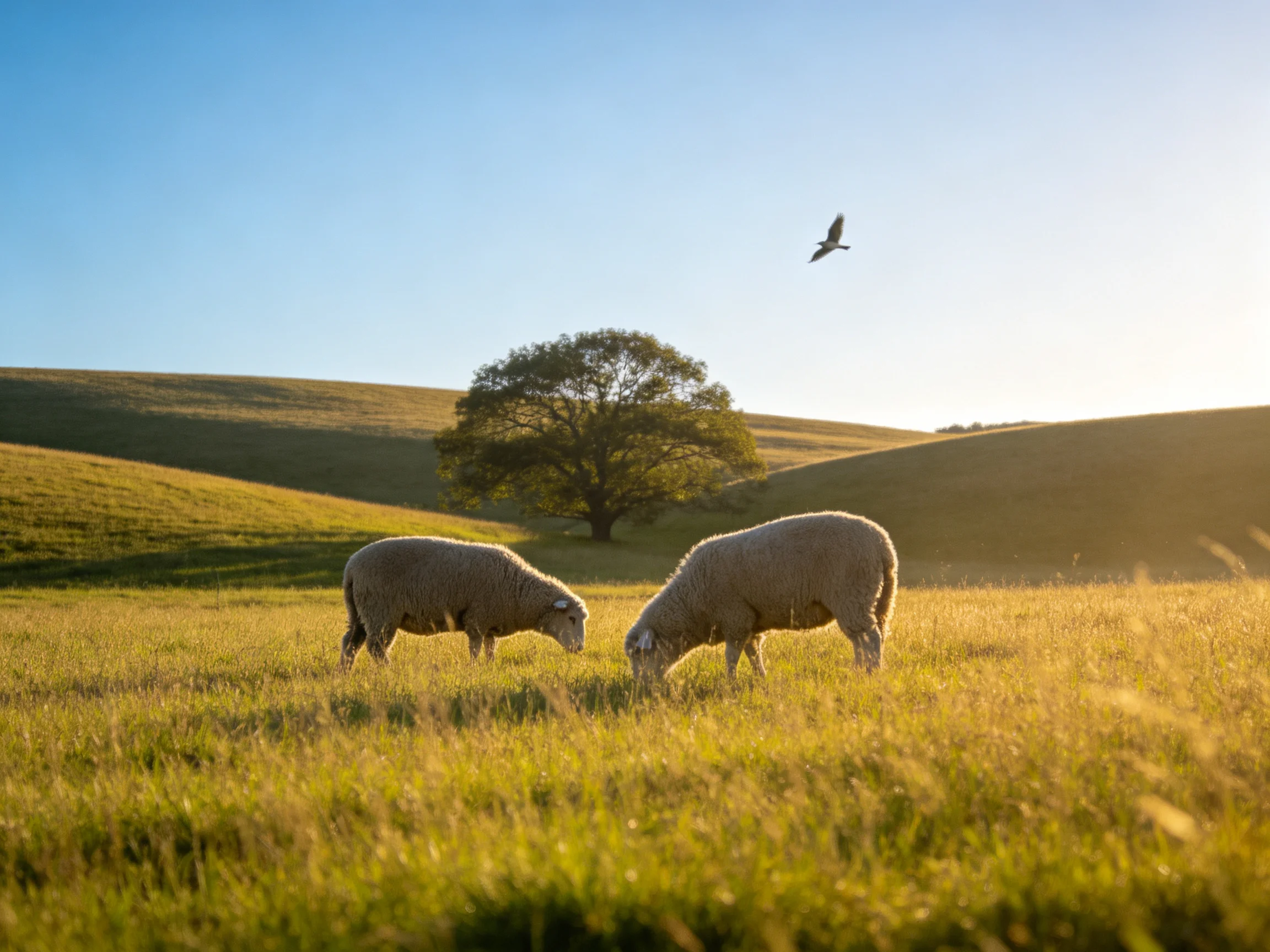 Two sheep graze in golden fields near a lone tree