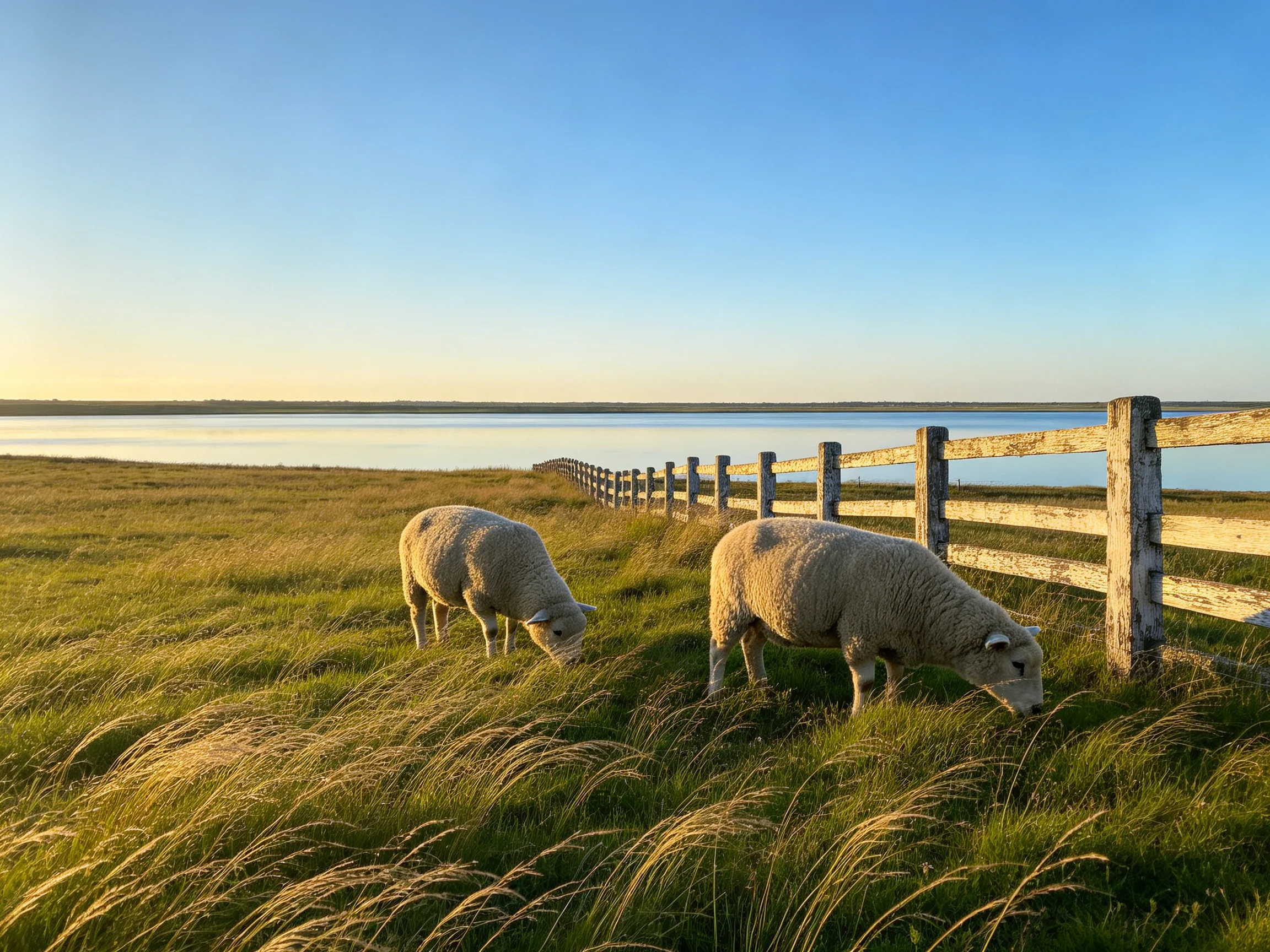 Two sheep graze in grassy fields by a wooden fence near calm waters