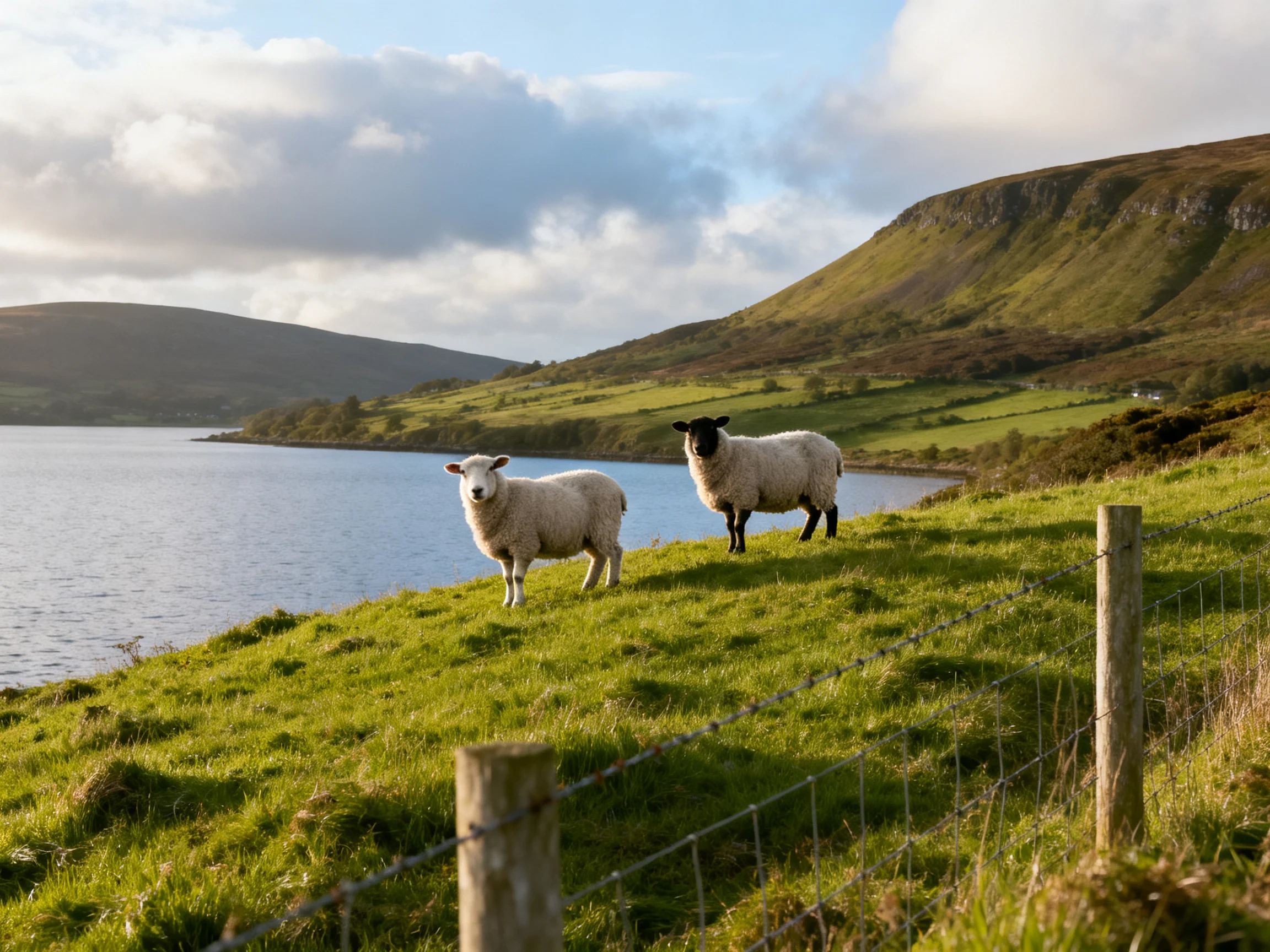 Two sheep graze on a grassy hillside beside a serene lake with rolling hills.