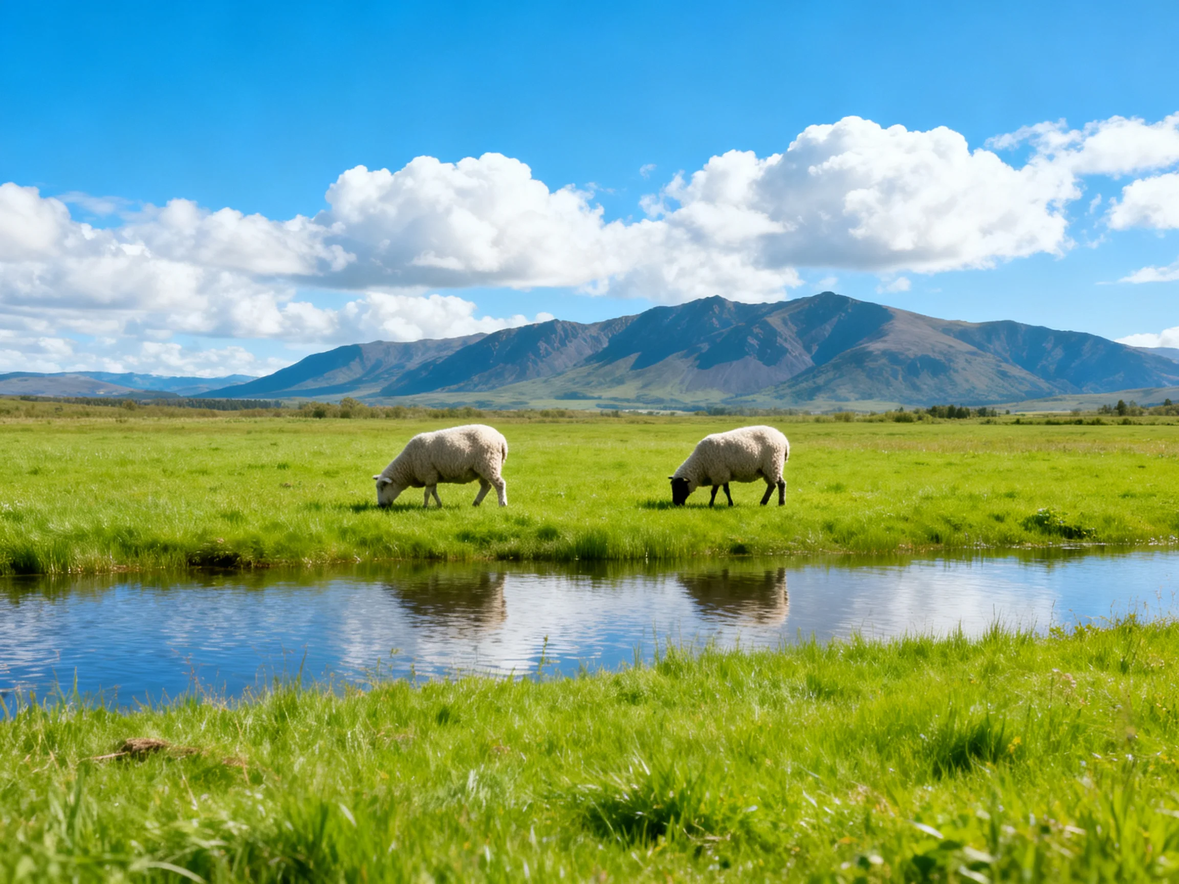 Two sheep graze near a calm stream with lush green meadows and distant mountains