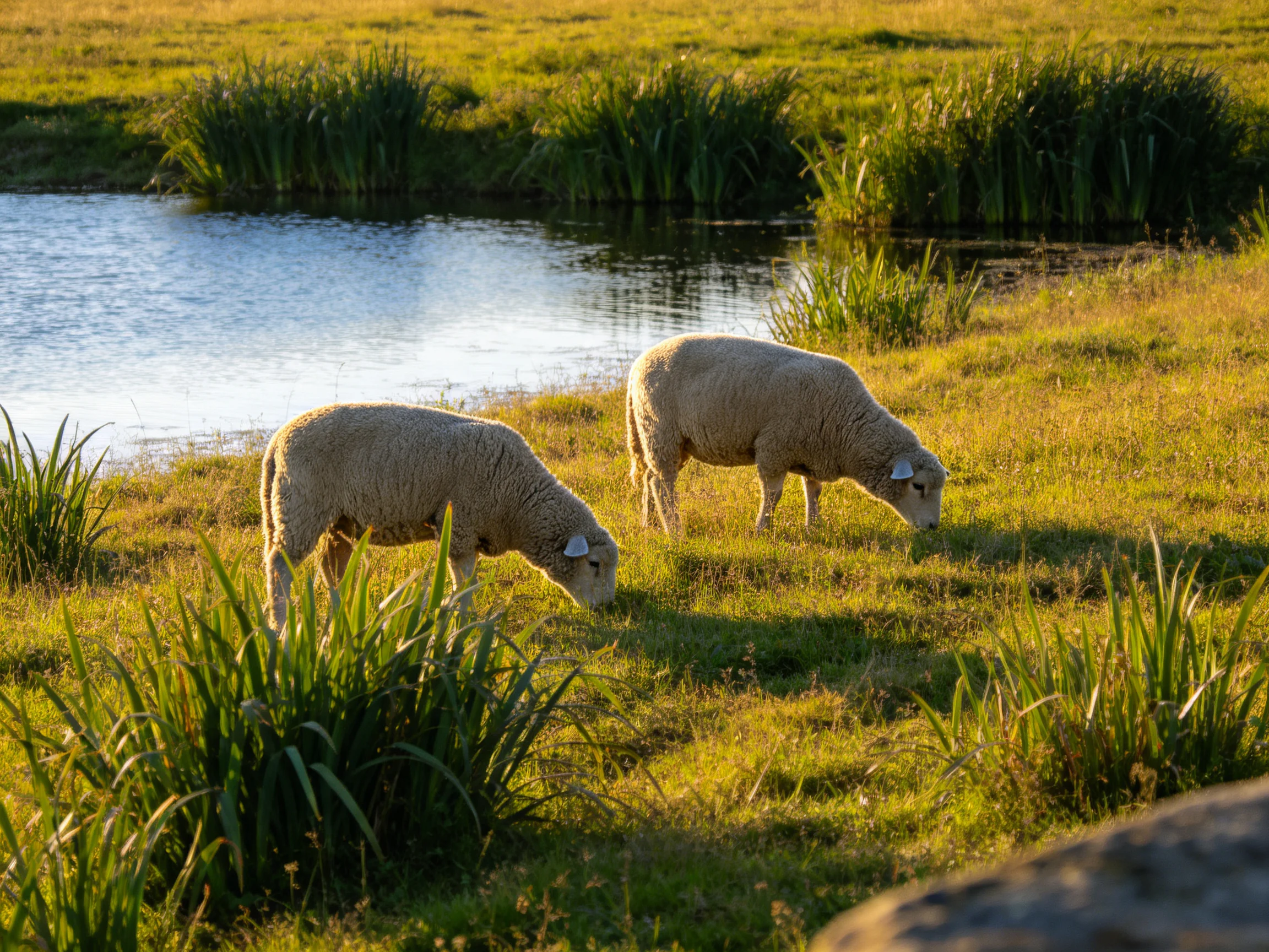 Two sheep graze near a calm waterway in golden sunlight
