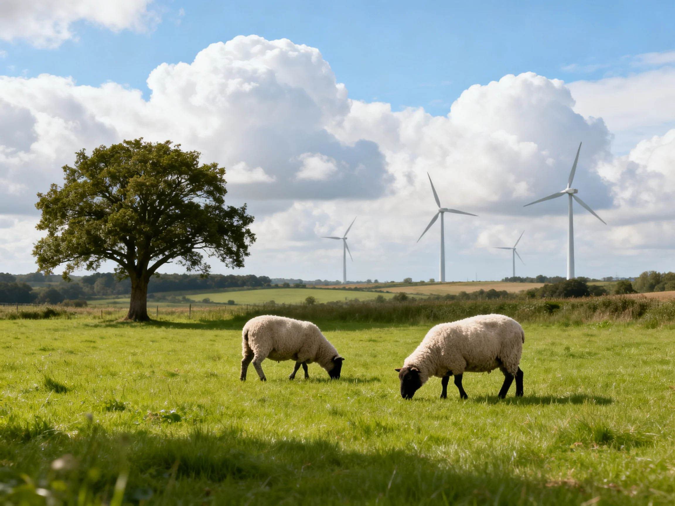 Sheep graze in a green pasture with a tree and wind turbines in the distance.