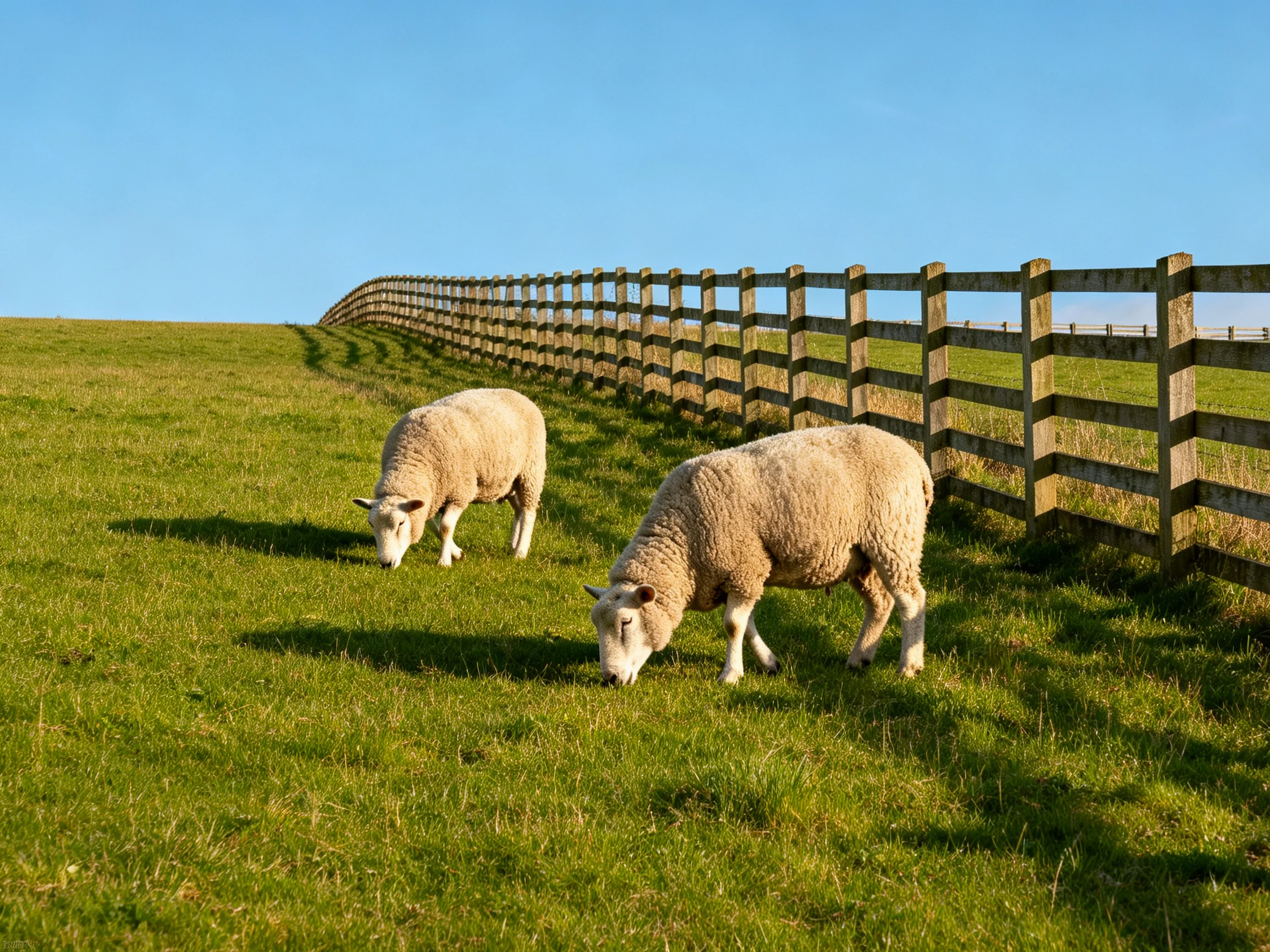 Two sheep graze near a long wooden fence on lush green hillside
