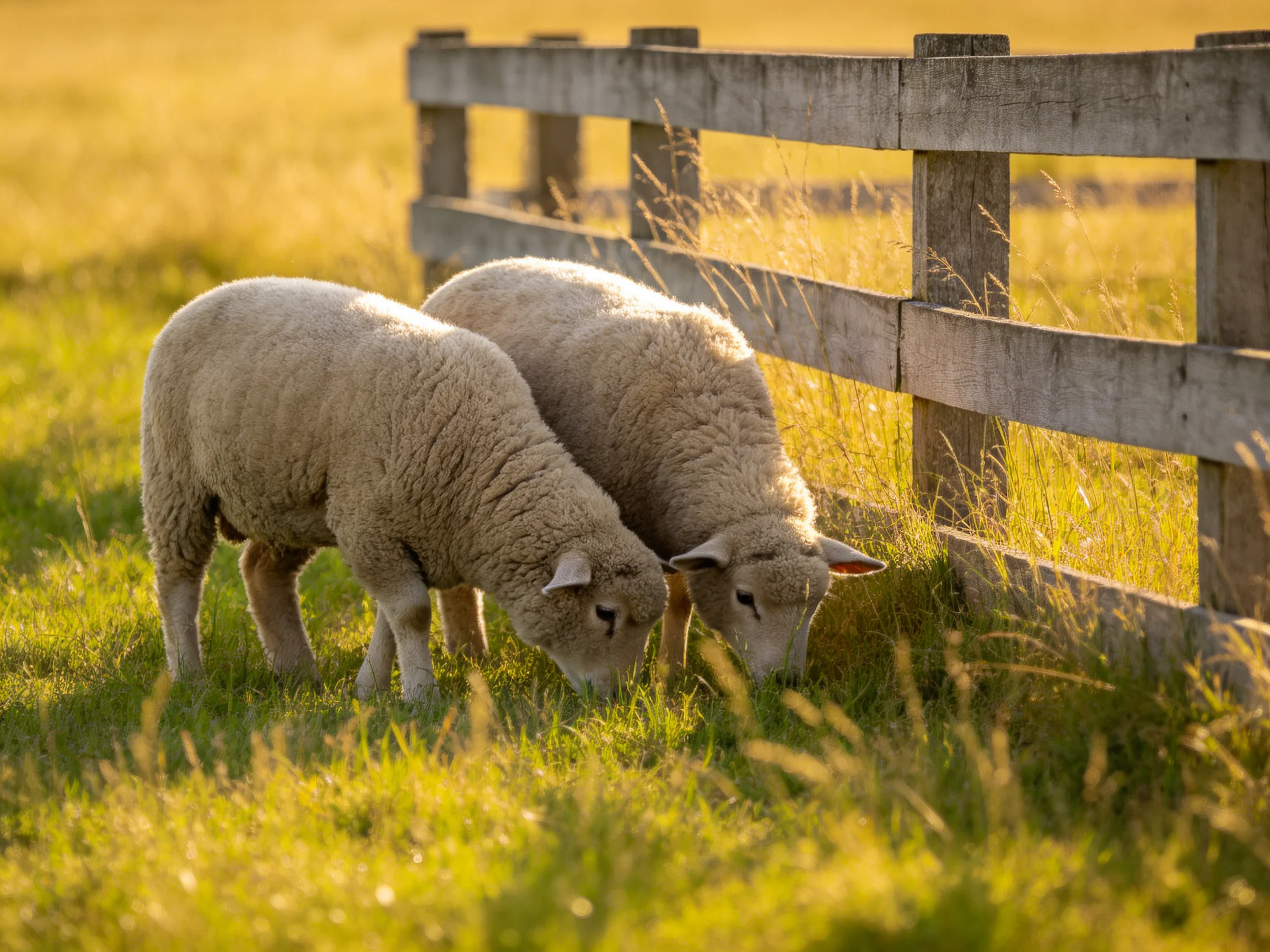 Two sheep graze near a weathered wooden fence in golden grass