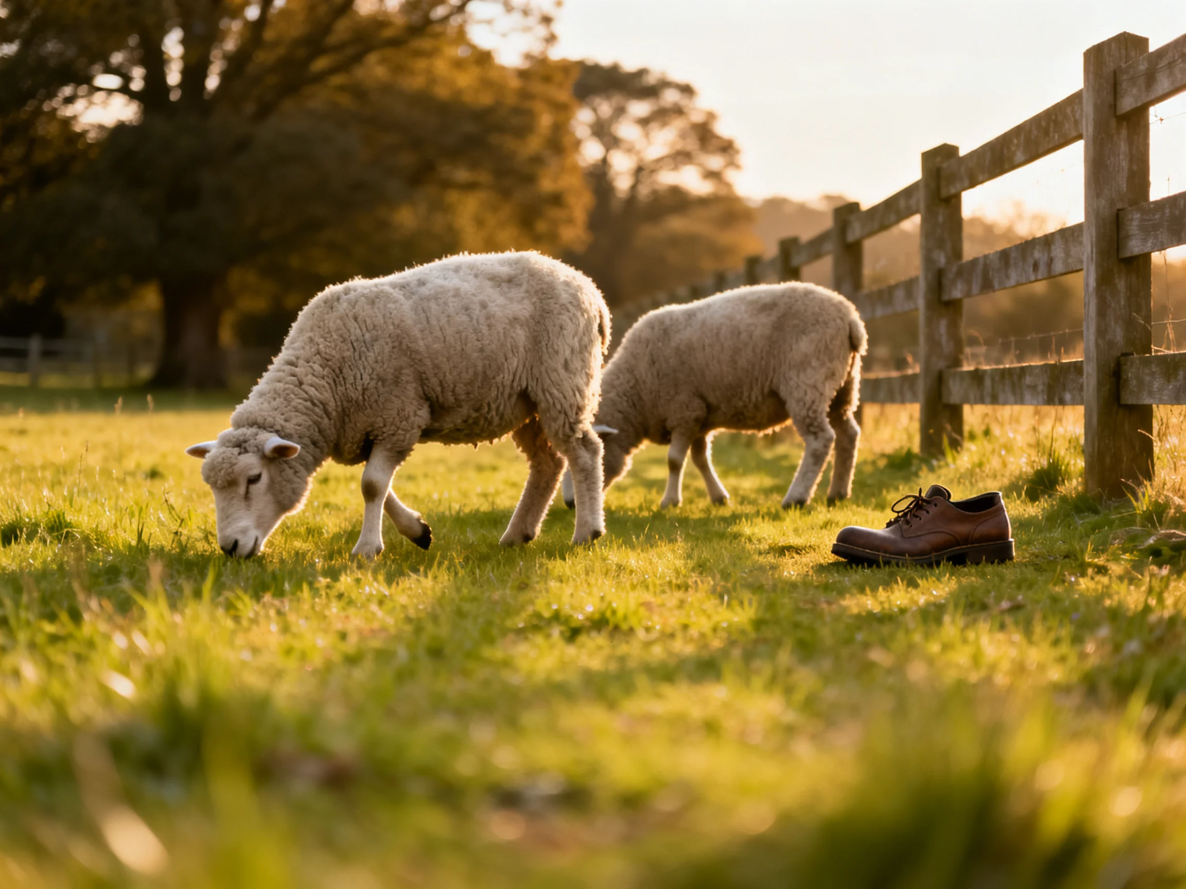Two sheep graze in a sunlit field beside a wooden fence with a brown shoe