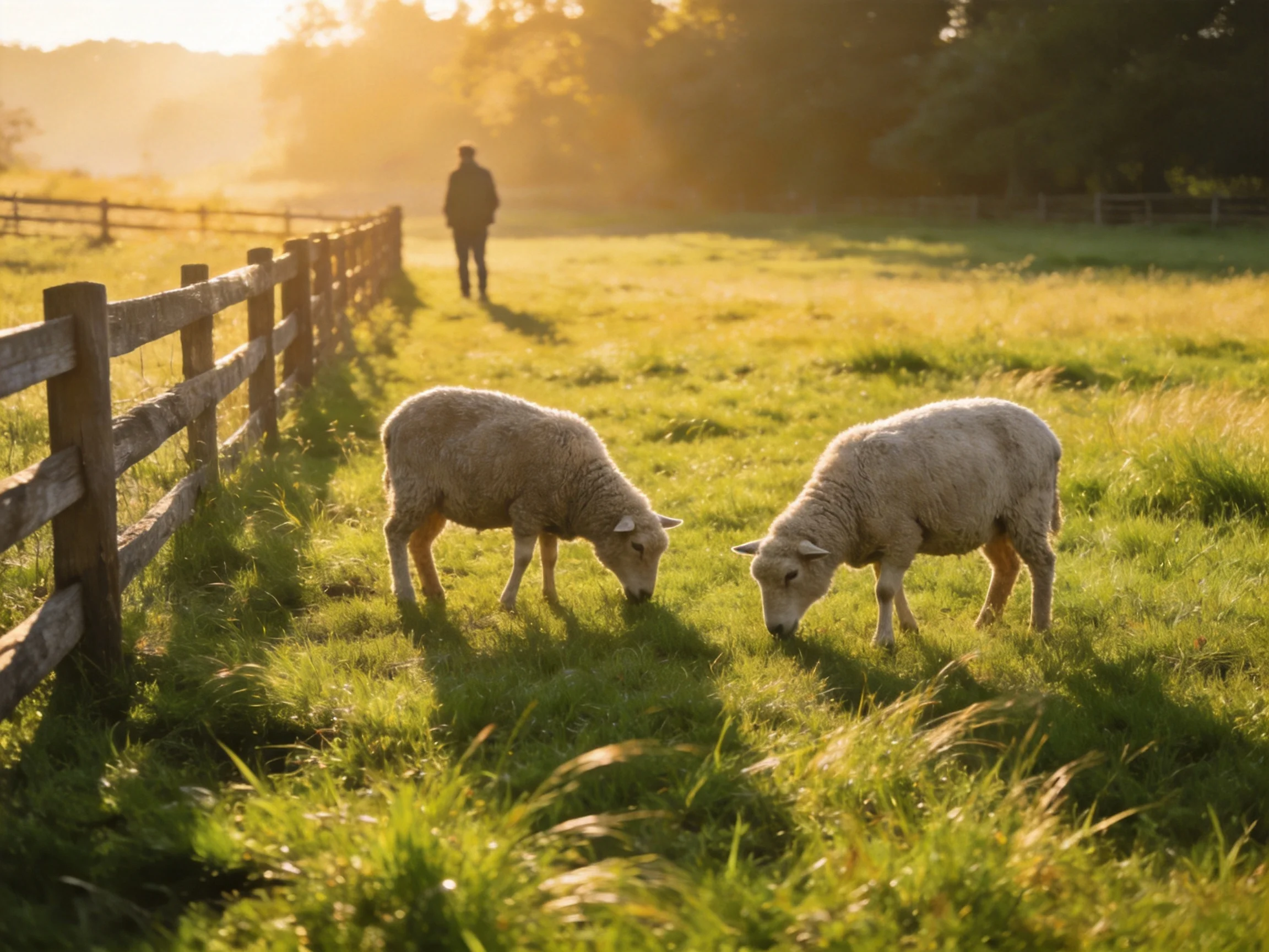 Two sheep graze near a wooden fence as a person stands in a sunlit pasture