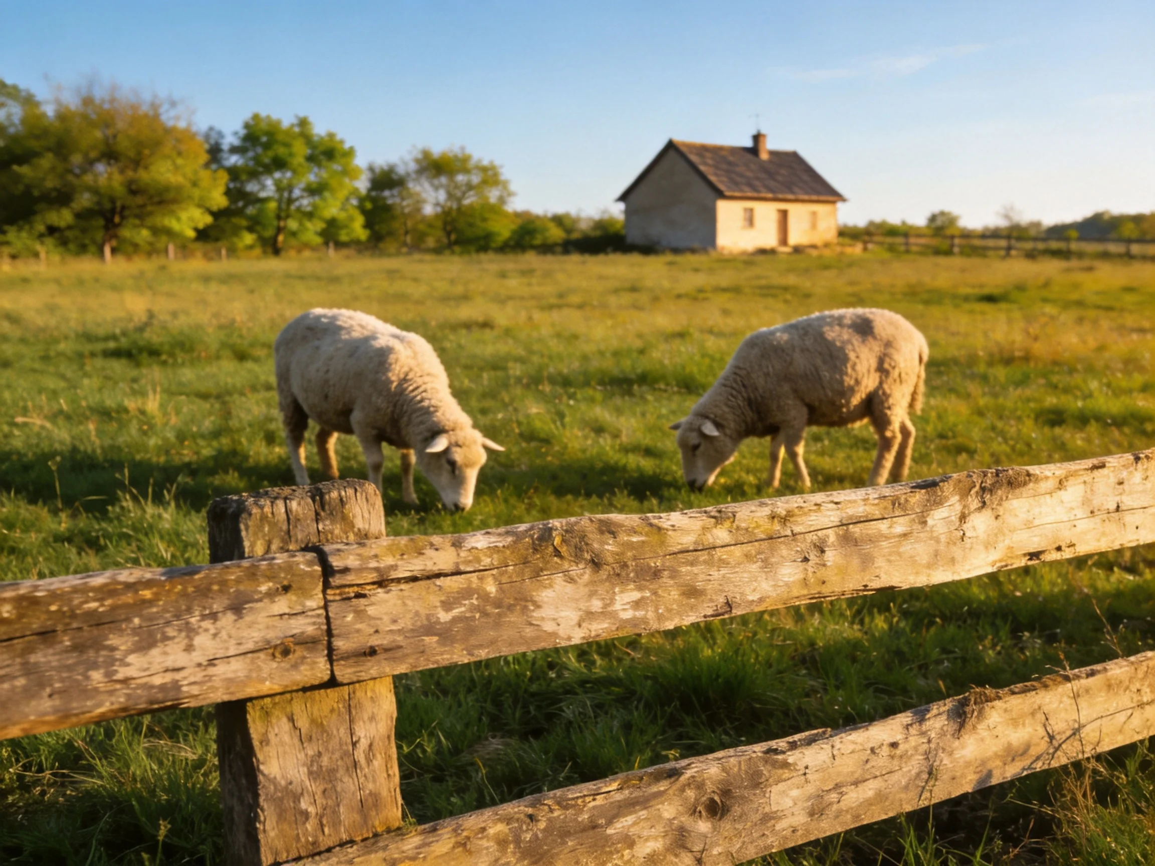 Two sheep graze near an aged wooden fence by a rural house