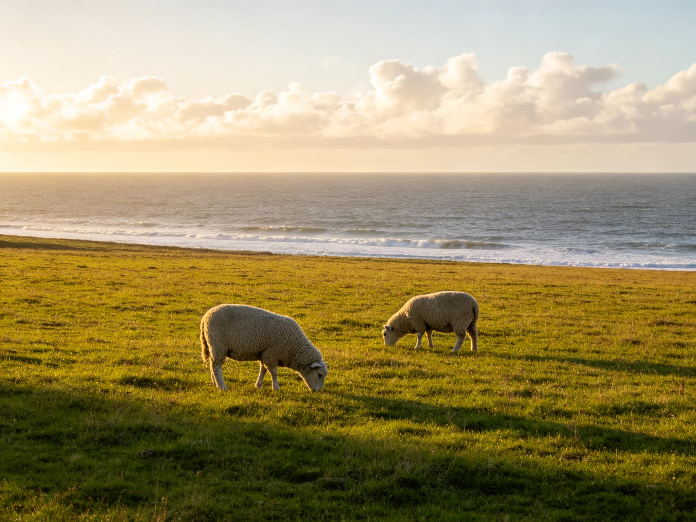 Two sheep graze on a lush green coastal meadow near the ocean