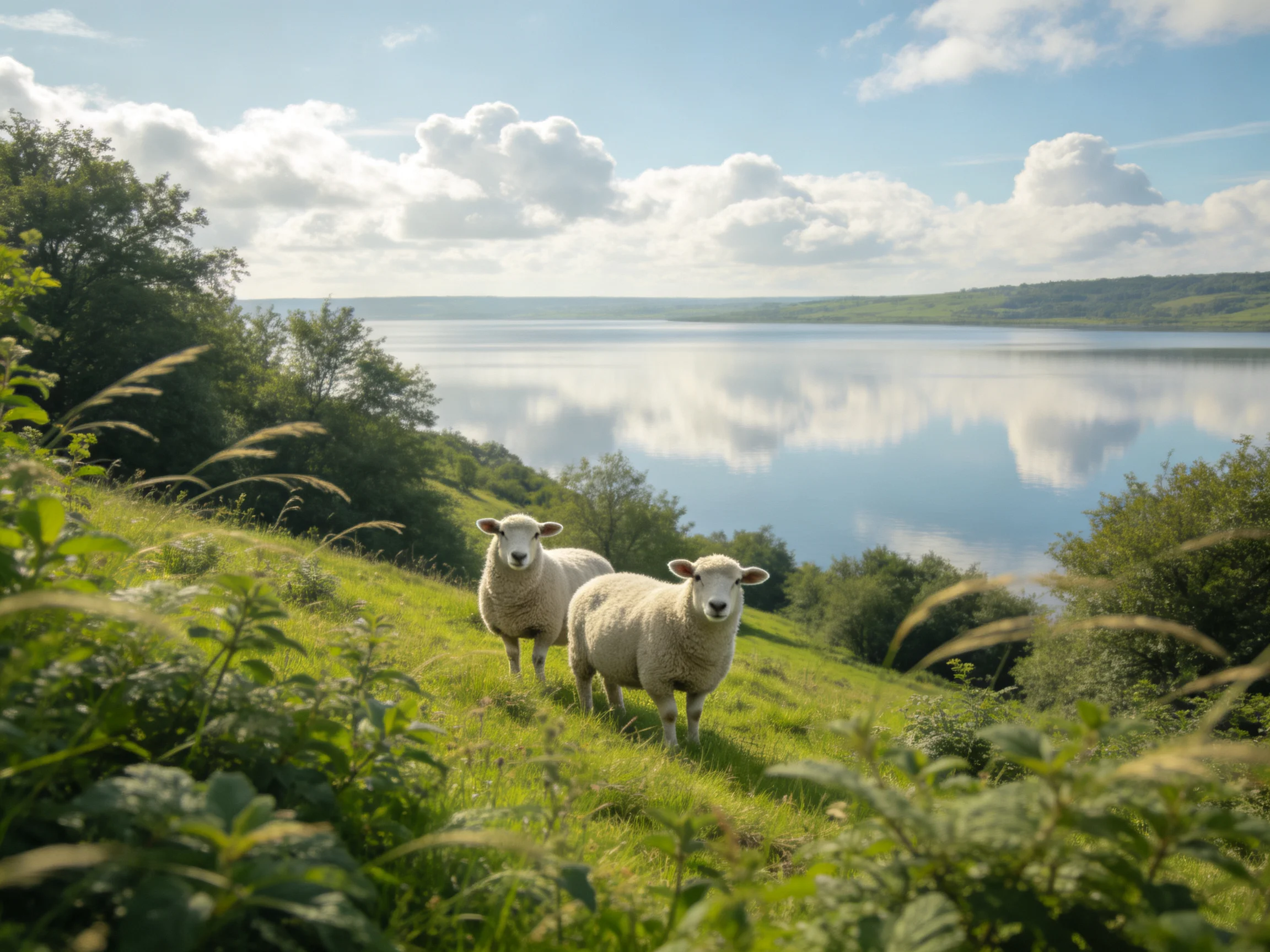 Two sheep graze on a lush green hillside near a reflective lake