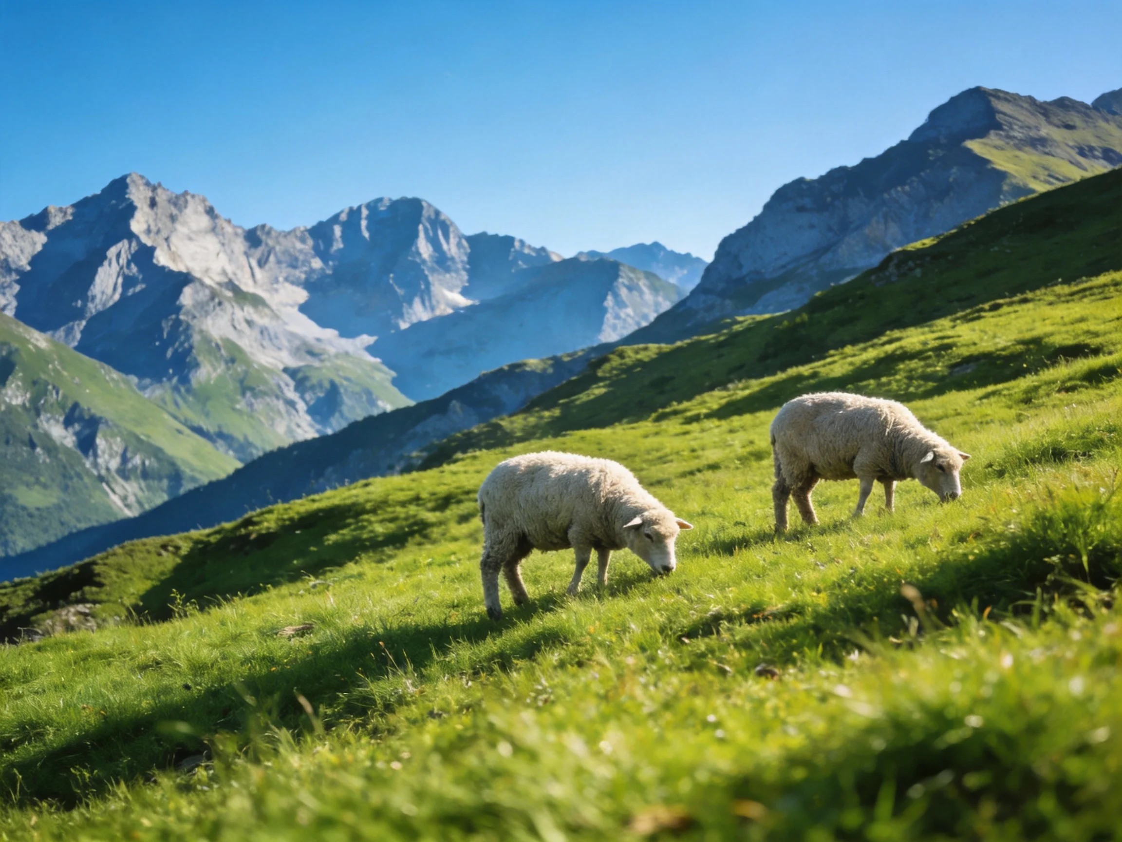 Two sheep graze on a lush green hillside near towering mountain peaks