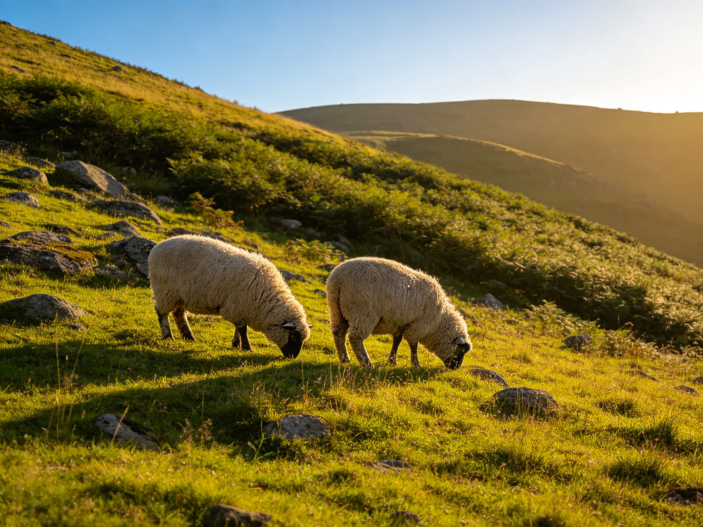 Two sheep graze on a rocky, sunlit green hillside with distant hills