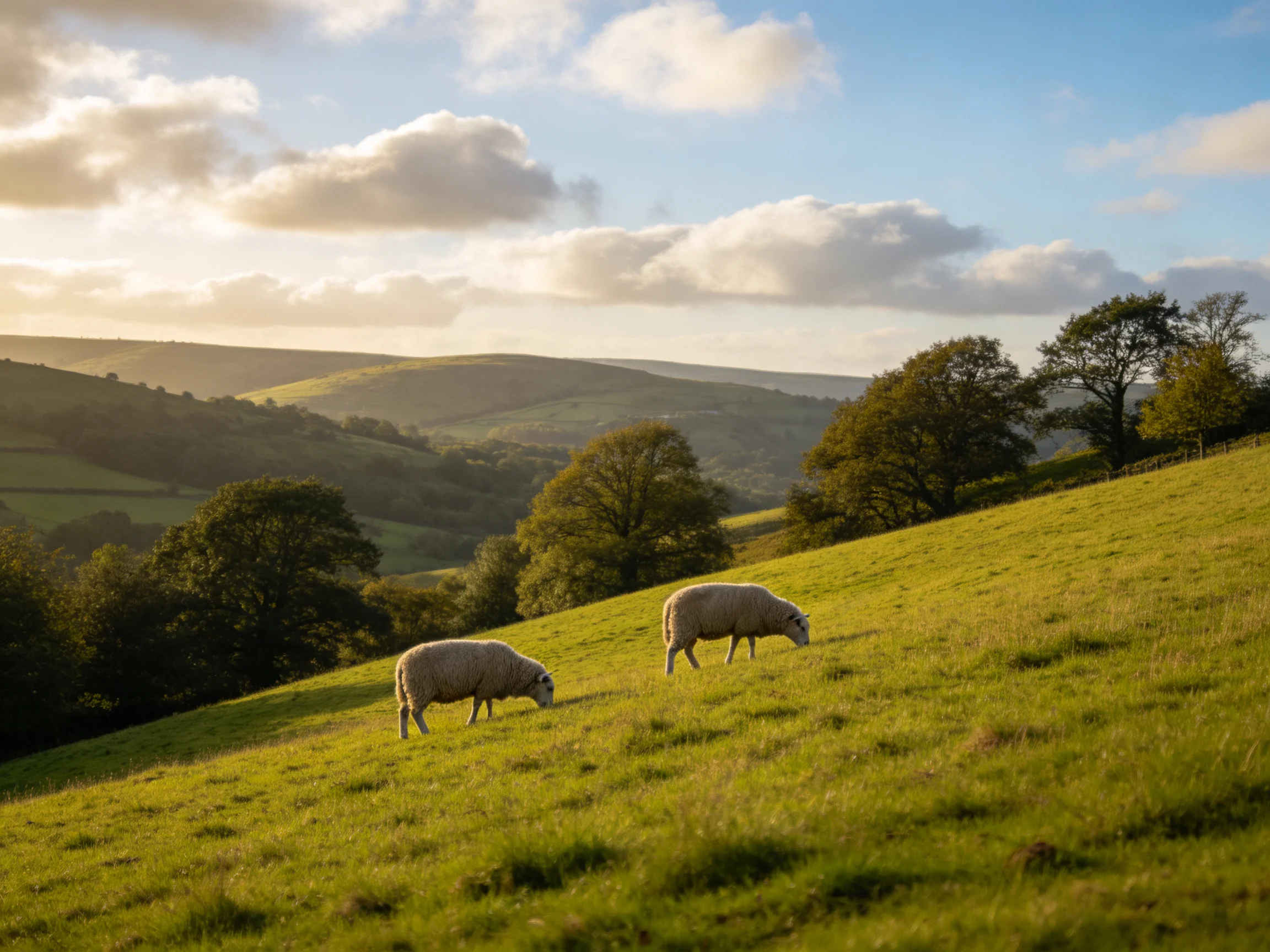 Two sheep graze on a sun-drenched rolling green pasture with distant hills