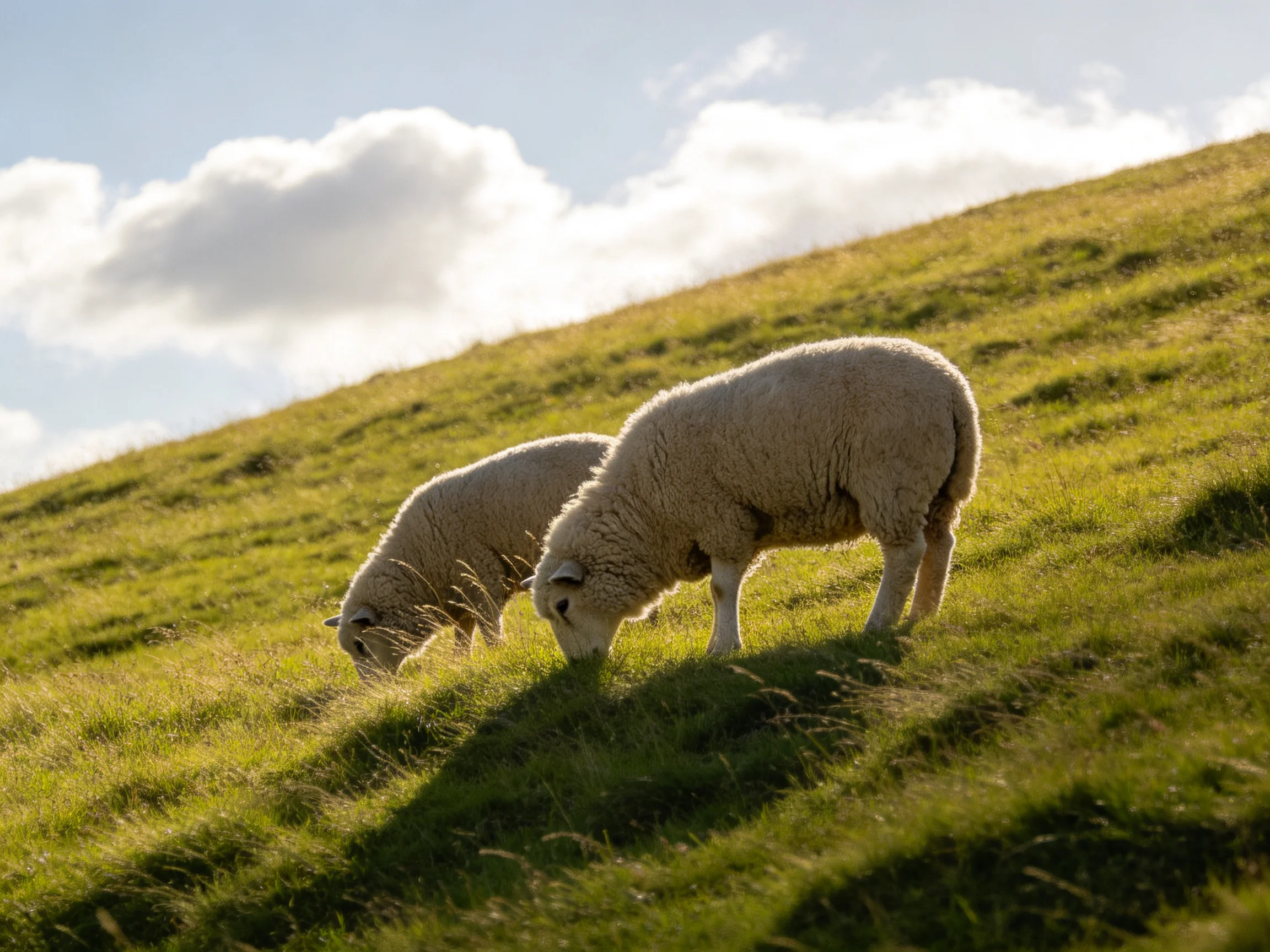 Two sheep graze on a sunlit green hillside with scattered clouds