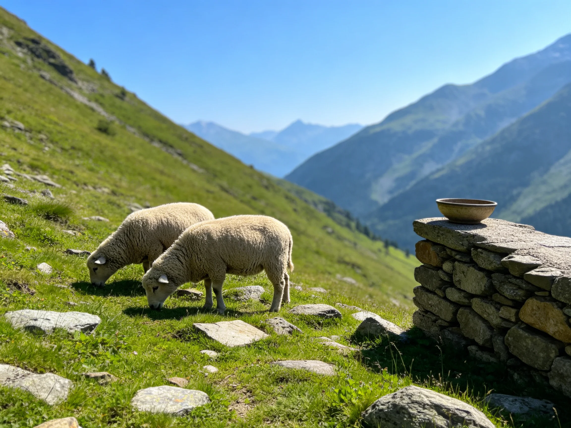 Two sheep graze on a verdant mountain slope near stone structure