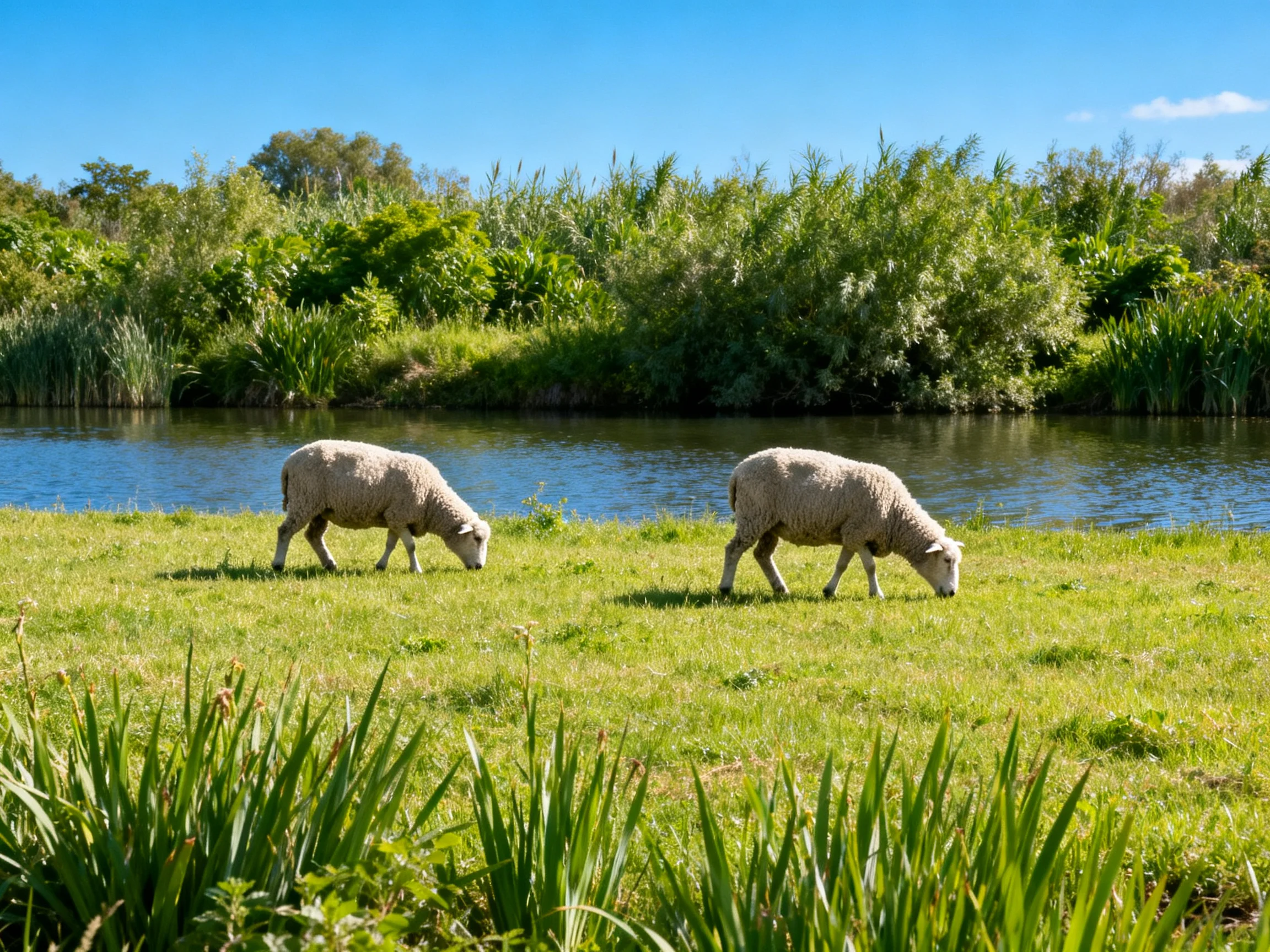 Two sheep graze on lush green grassbeside a calm blue river