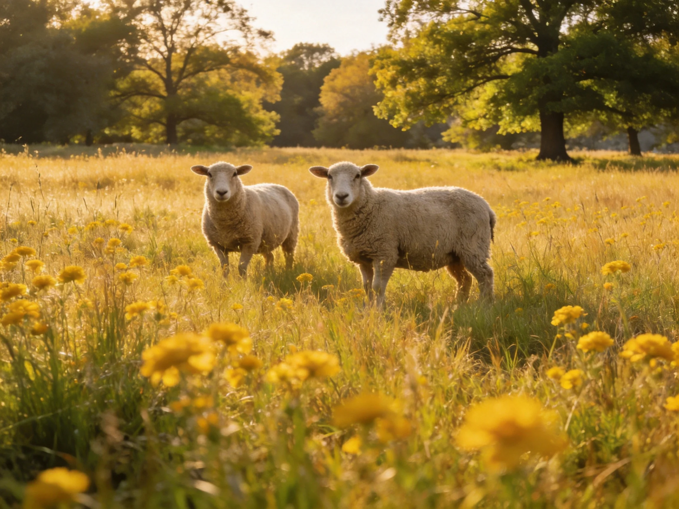Two sheep in a golden meadow with yellow wildflowers