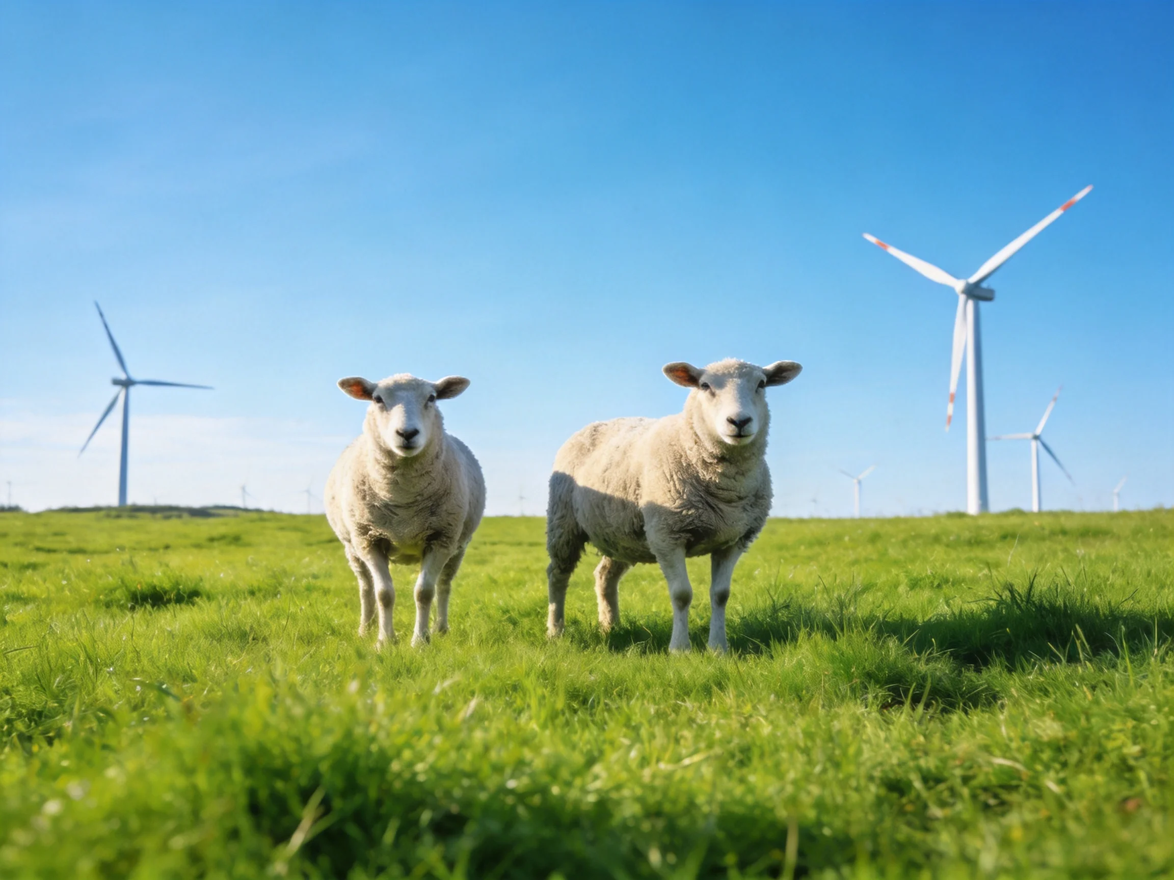 Two sheep in a lush green meadow near wind turbines