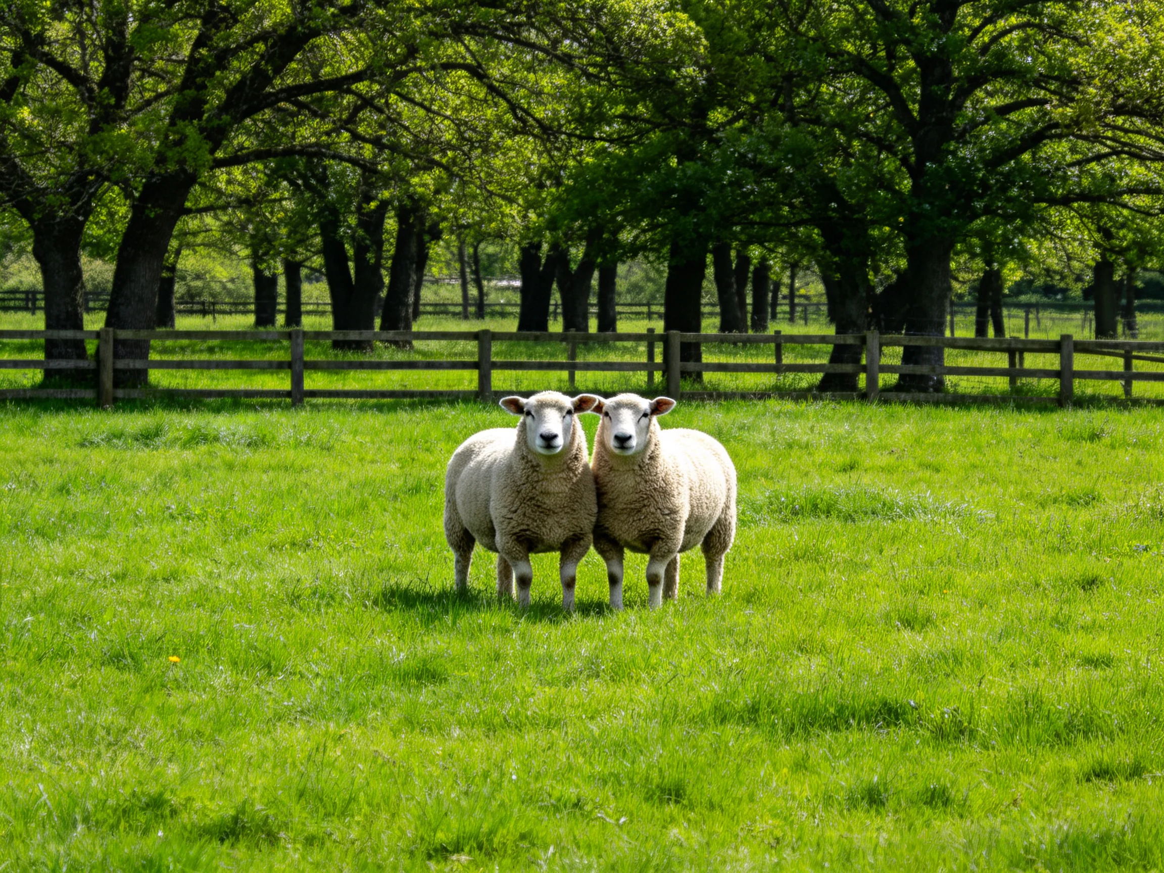 Two sheep in a lush green meadow near wooden fence and trees