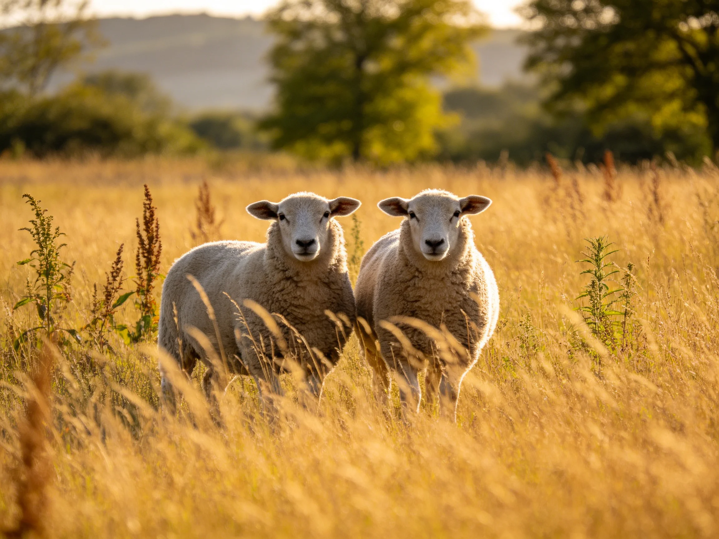 Two sheep in a sunlit golden meadow with tall grasses