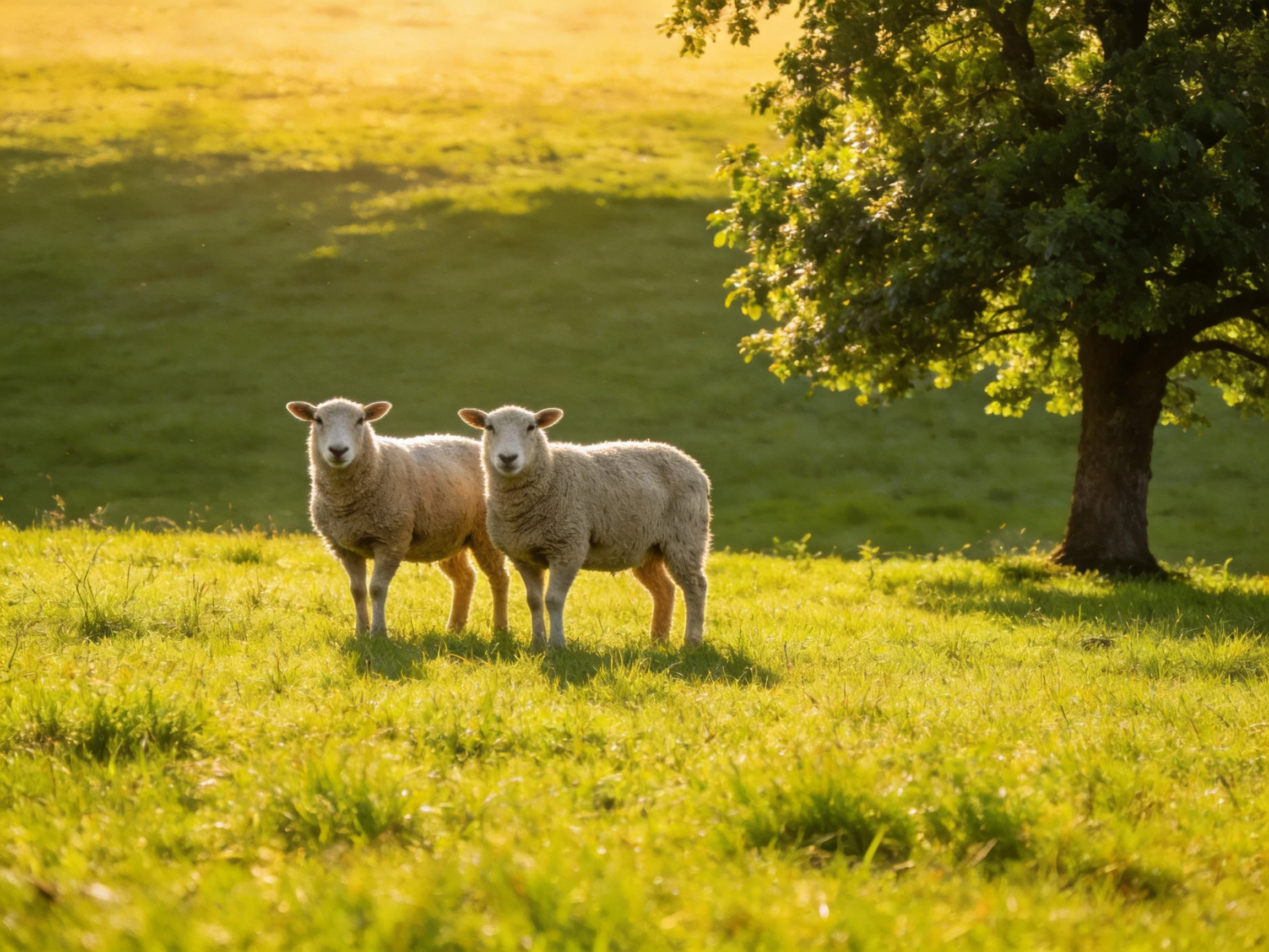 Two sheep in a sunlit green pasture by a large tree