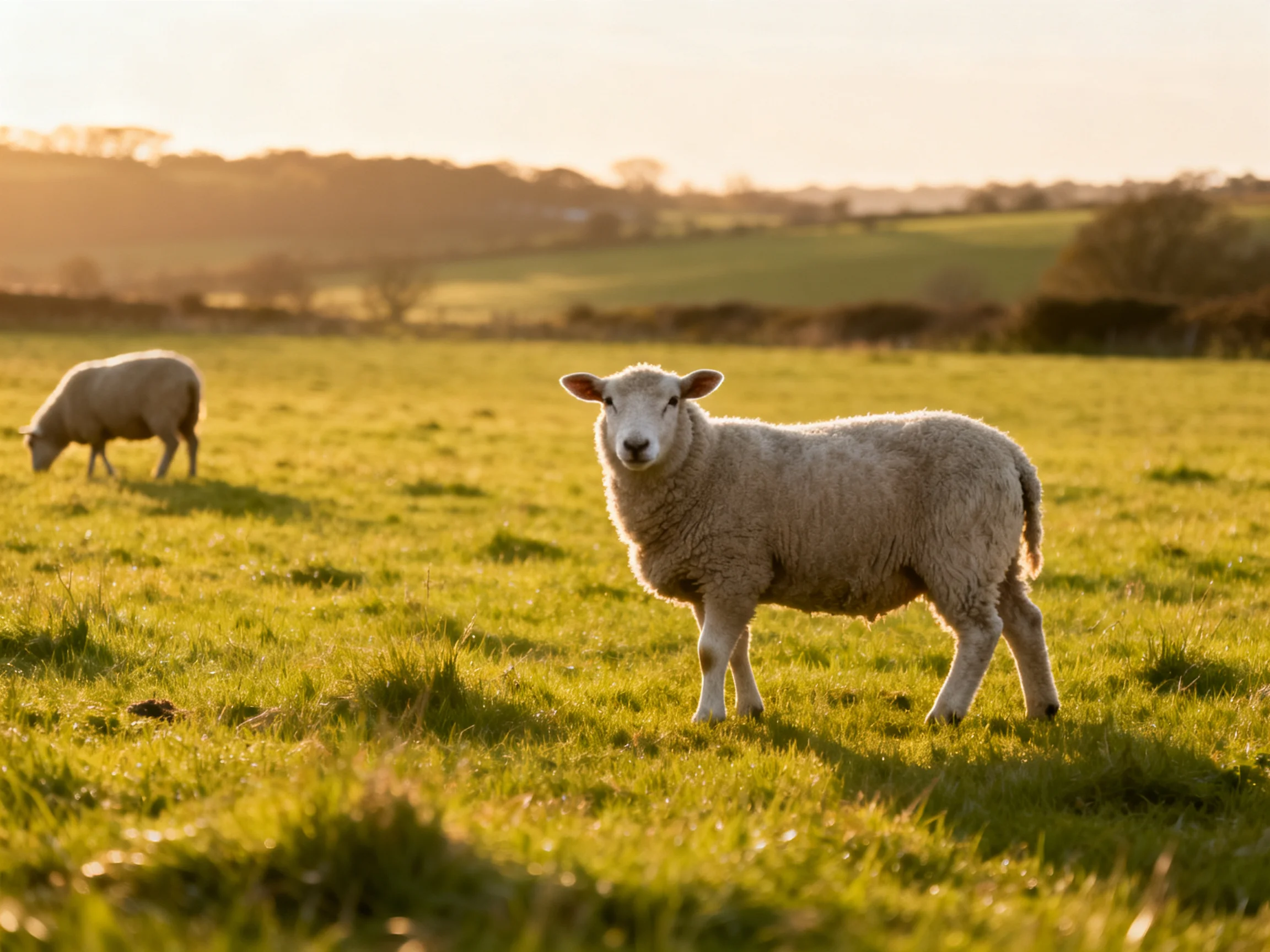 Two sheep in a sunlit green pasture during golden hour