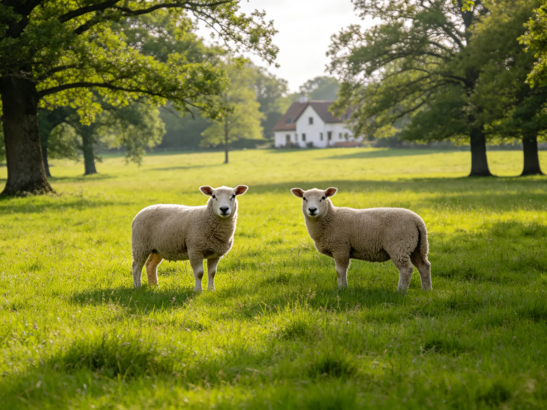 Two sheep in a sunlit green pasture with large trees