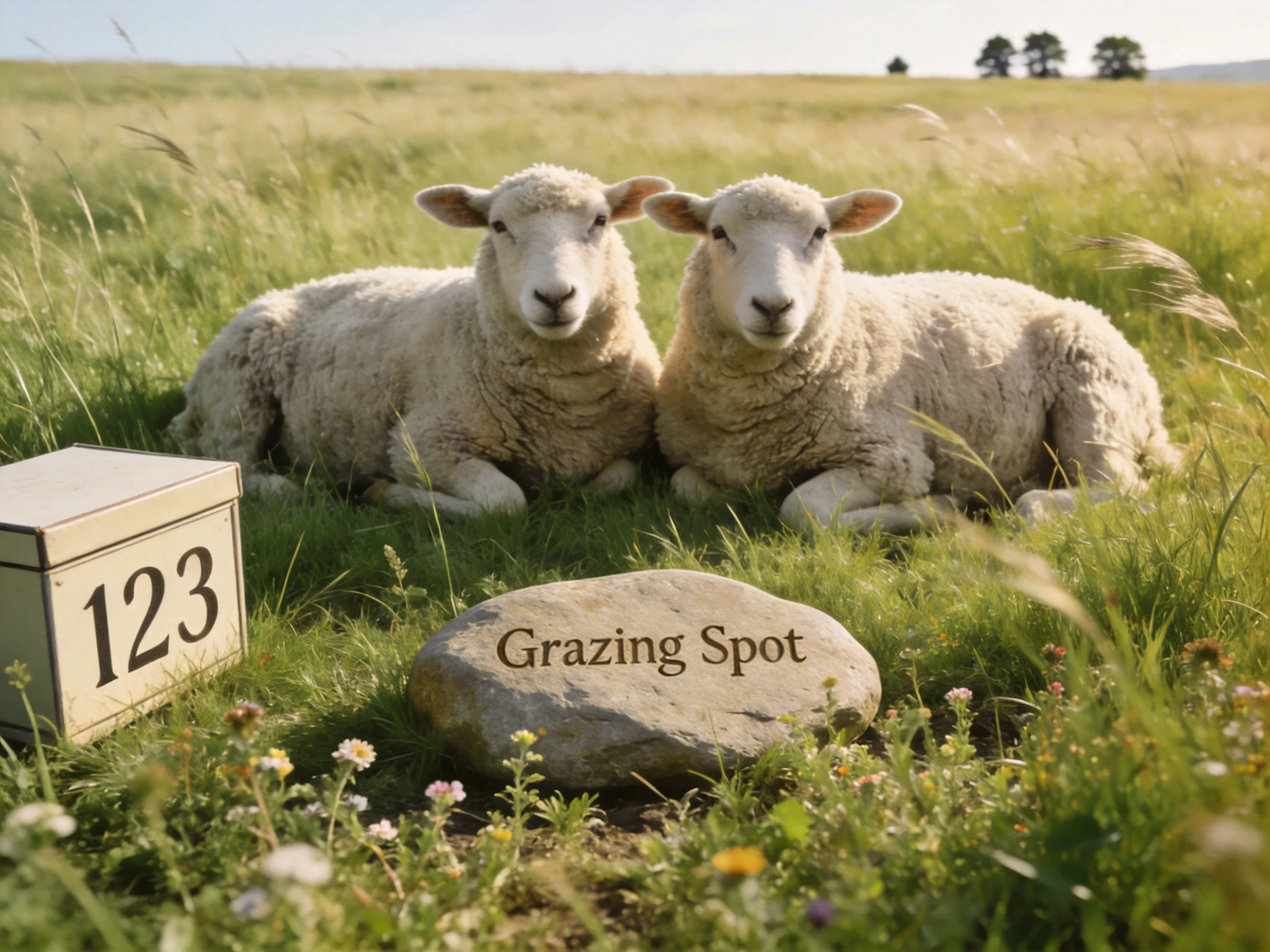 Two sheep lounge by Grazing Spot stone and numbered container in a grassy field