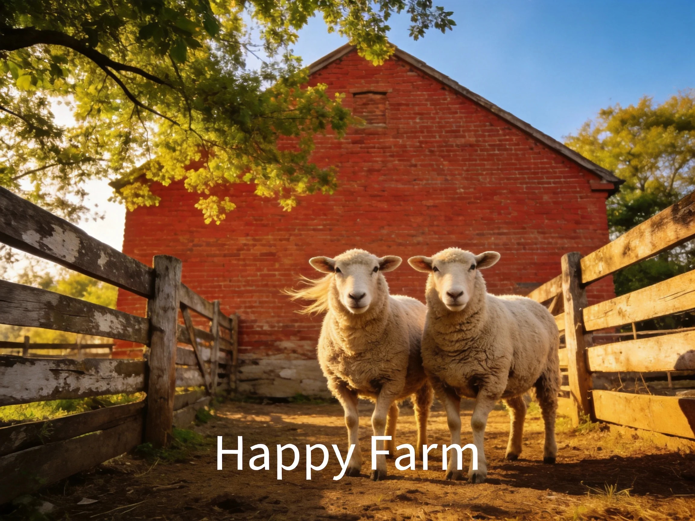 Two sheep near a red brick barn with wooden fences